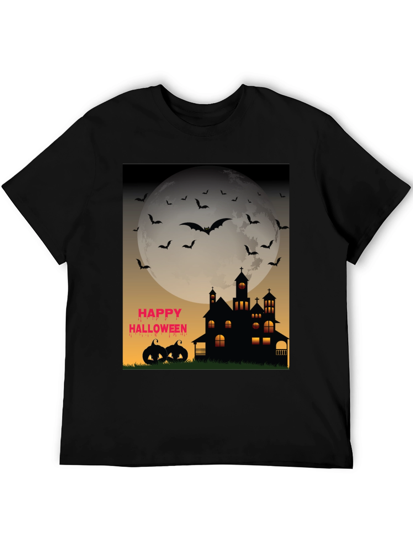 Halloween T-Shirt - Haunted House Bats and Pumpkins