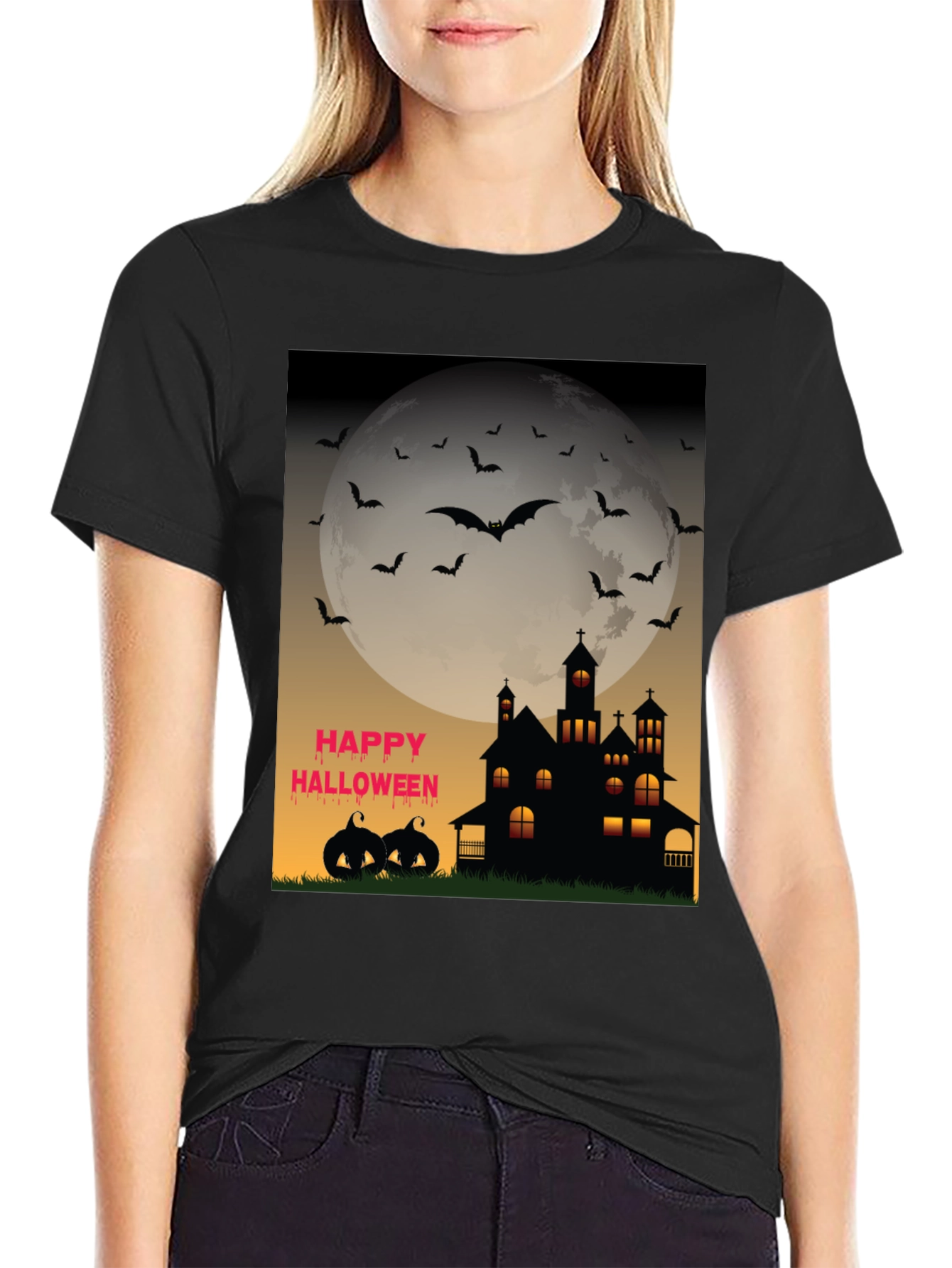 Halloween T-Shirt - Haunted House Bats and Pumpkins