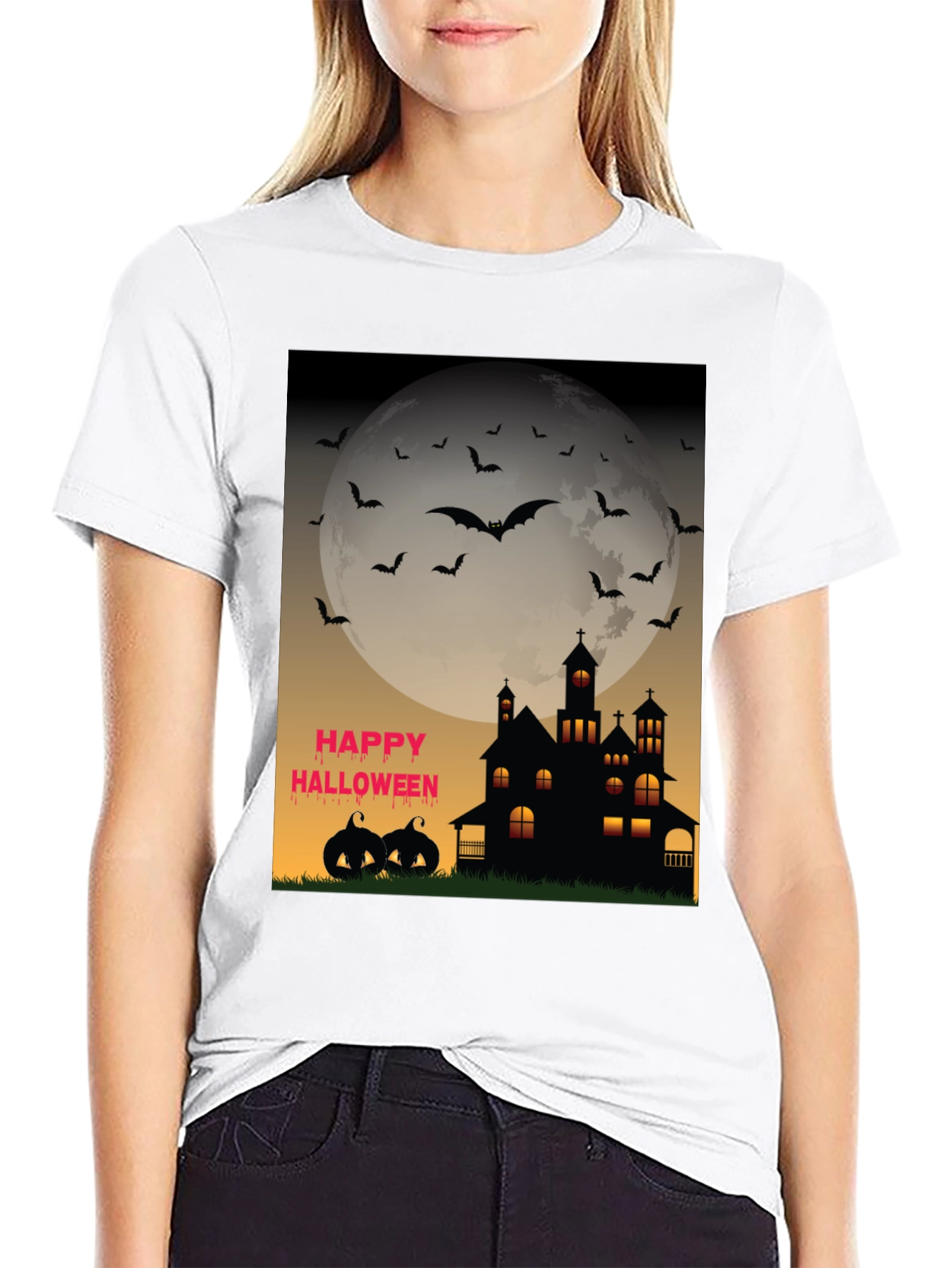 Halloween T-Shirt - Haunted House Bats and Pumpkins