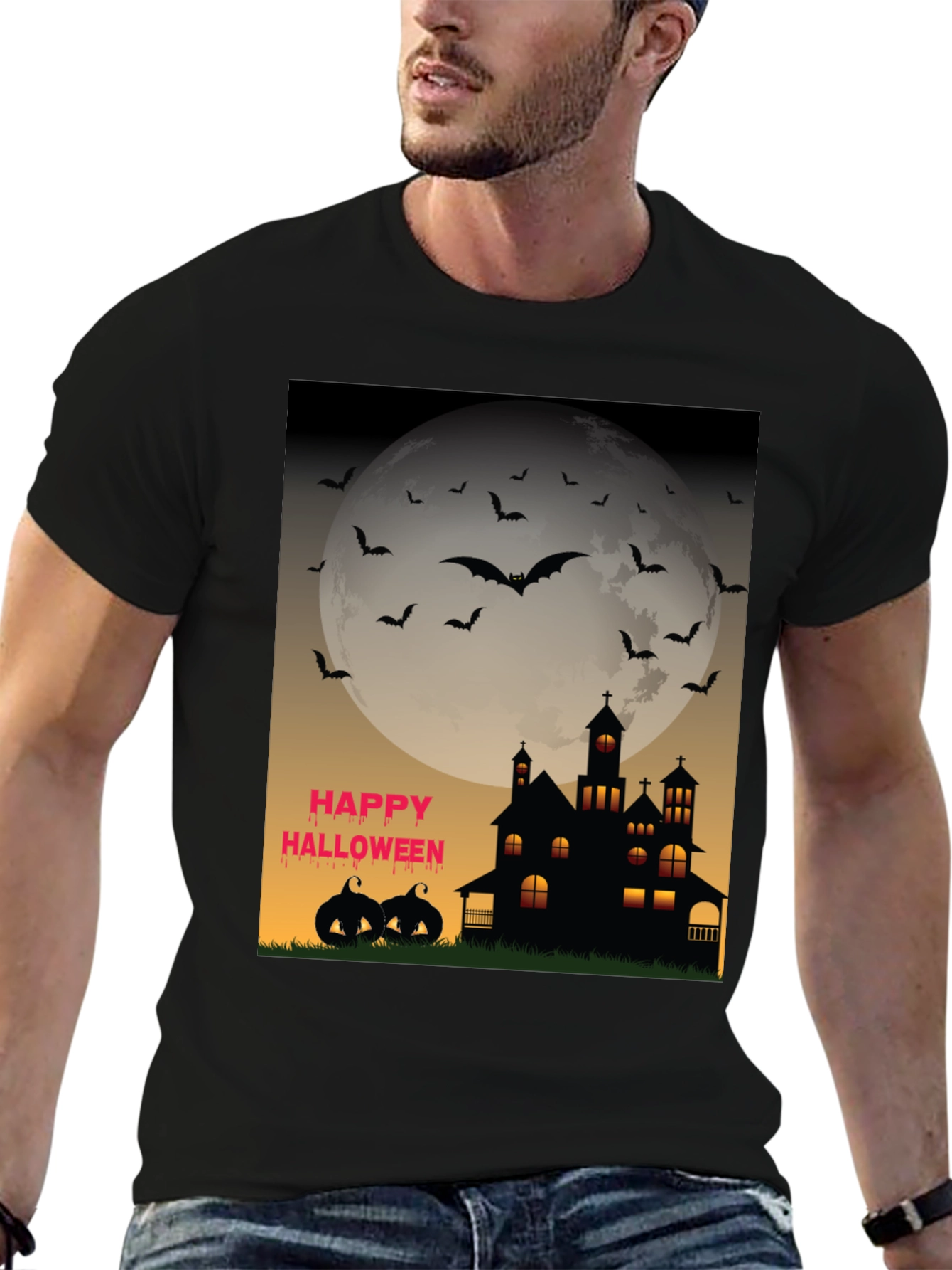 Halloween T-Shirt - Haunted House Bats and Pumpkins