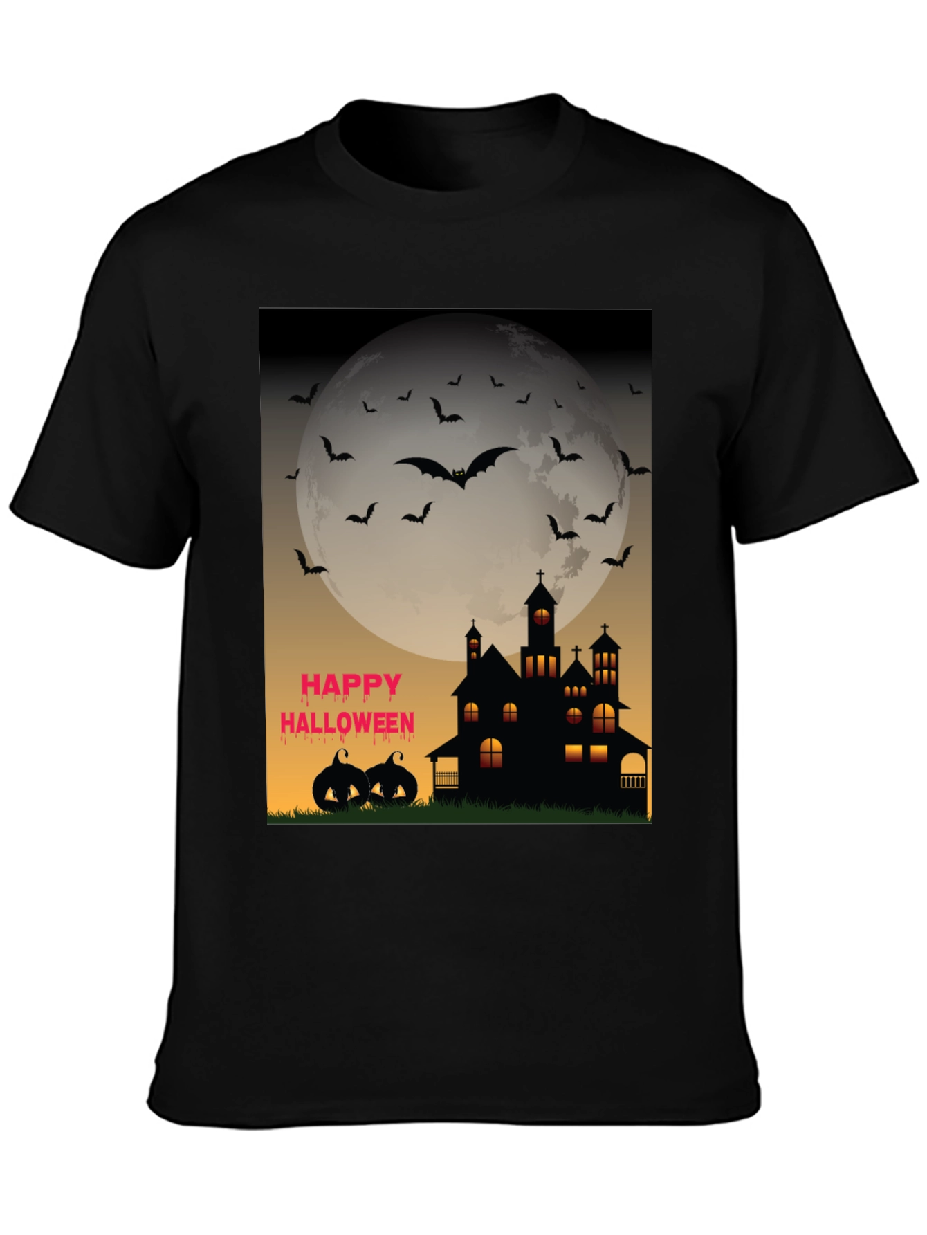 Halloween T-Shirt - Haunted House Bats and Pumpkins