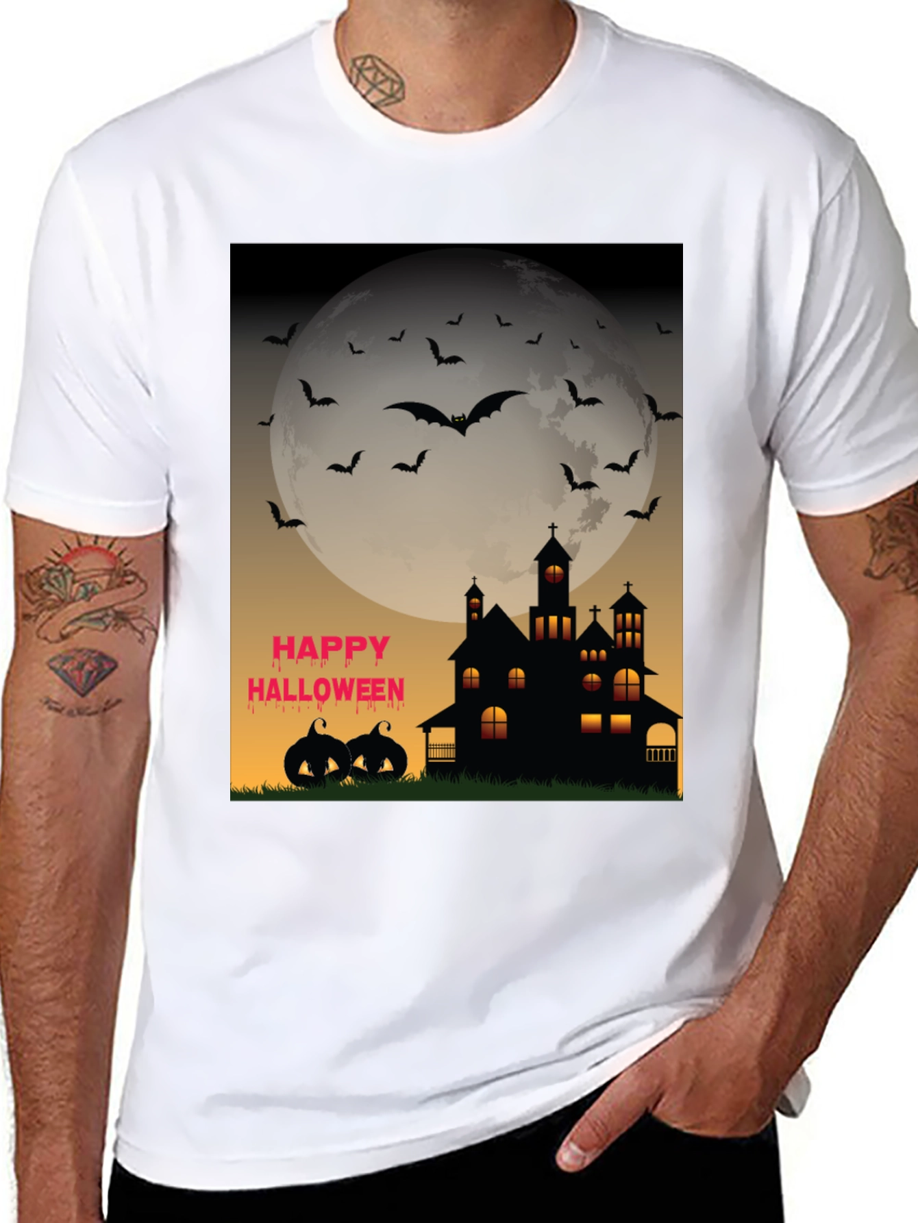 Halloween T-Shirt - Haunted House Bats and Pumpkins