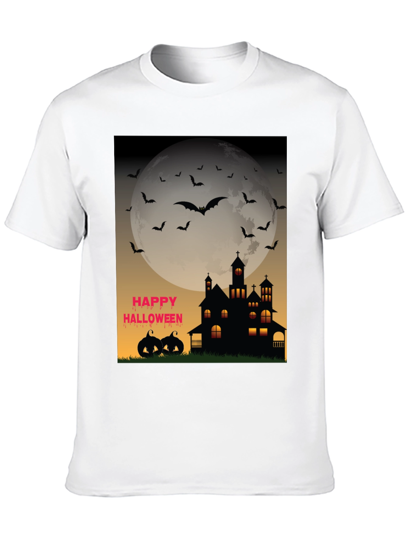 Halloween T-Shirt - Haunted House Bats and Pumpkins