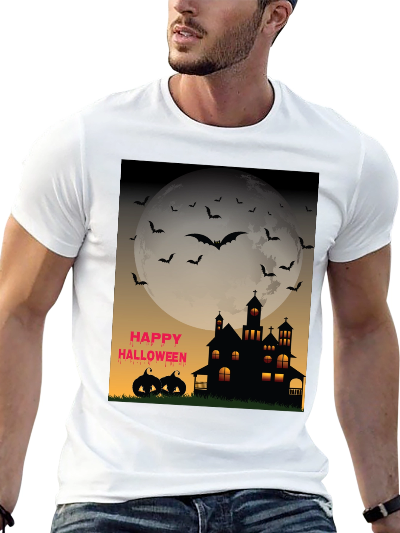 Halloween T-Shirt - Haunted House Bats and Pumpkins