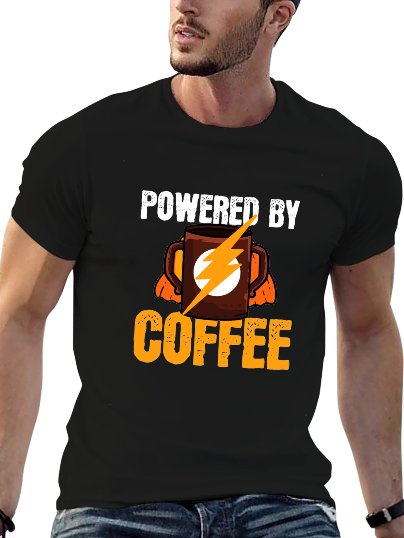 Powered By Coffee T-Shirt - Electric Flash Design