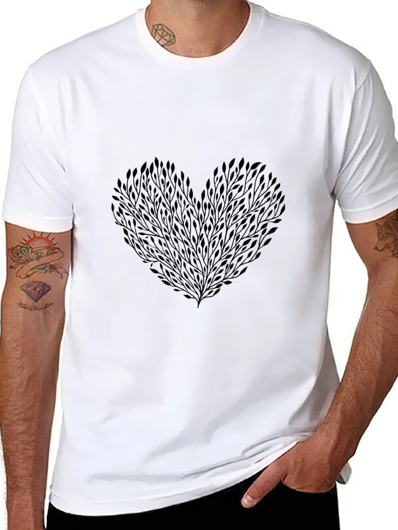 Heart Leaf Design Black T-Shirt