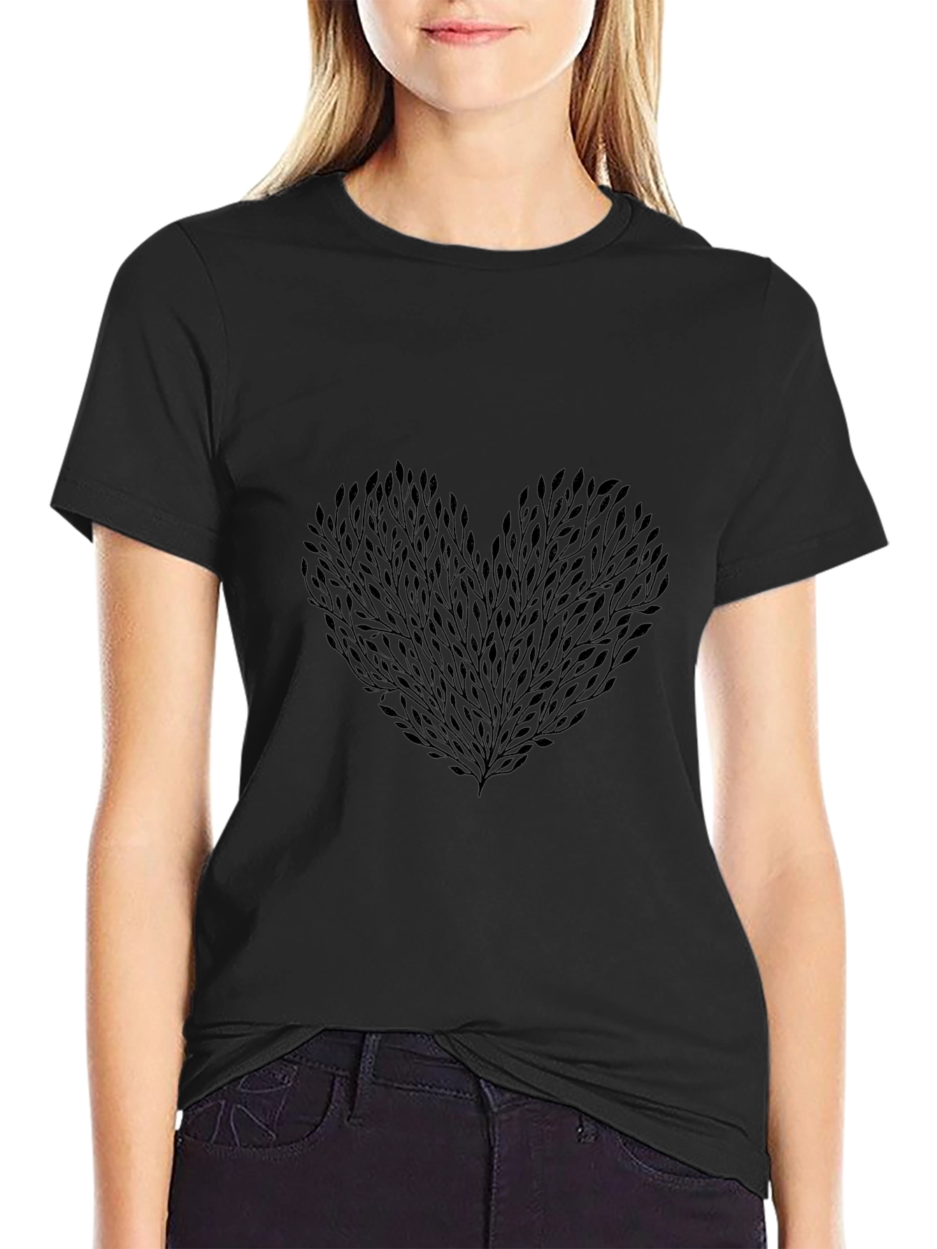 Heart Leaf Design Black T-Shirt