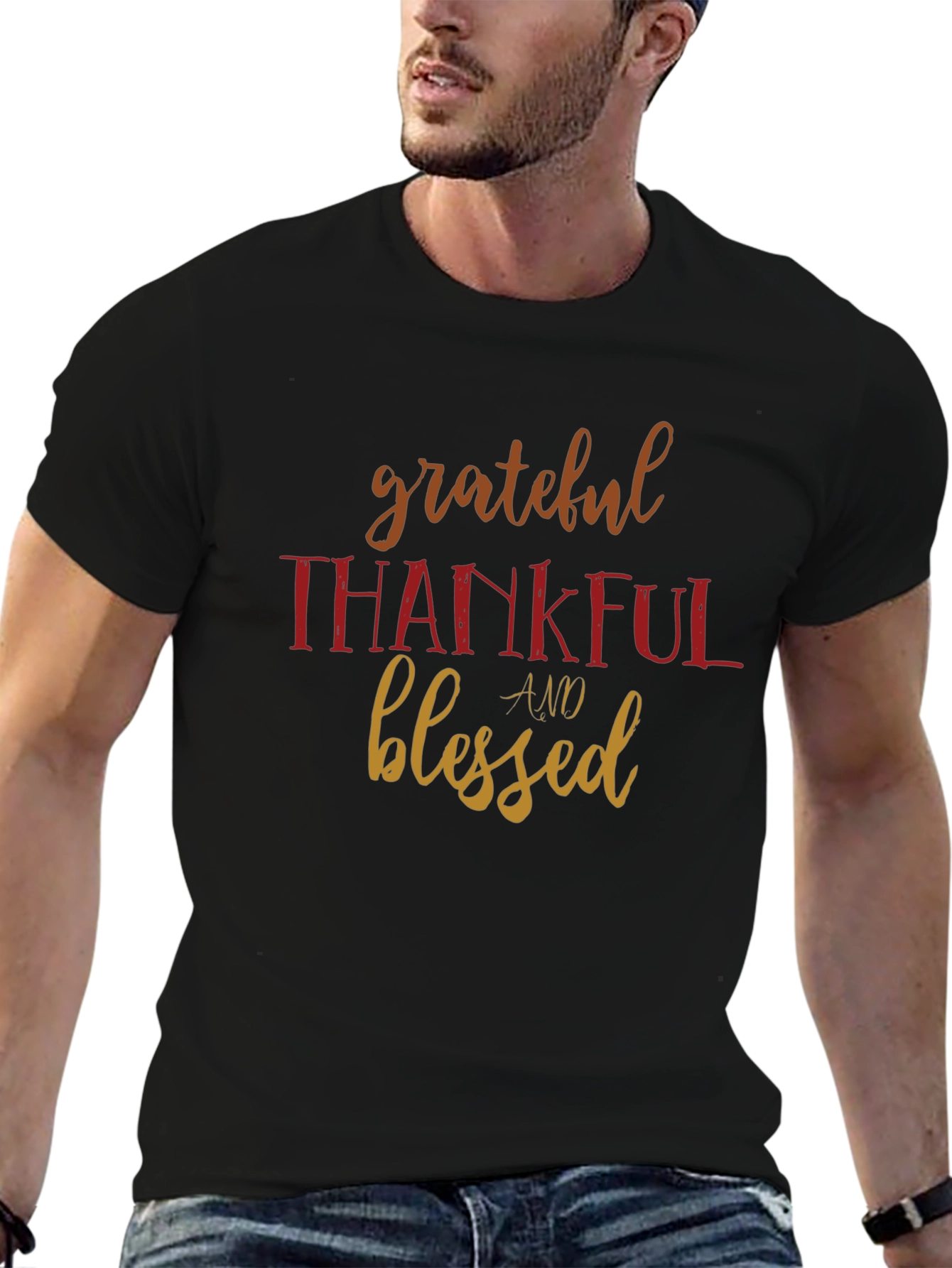 Grateful Thankful Blessed Black Graphic T-Shirt