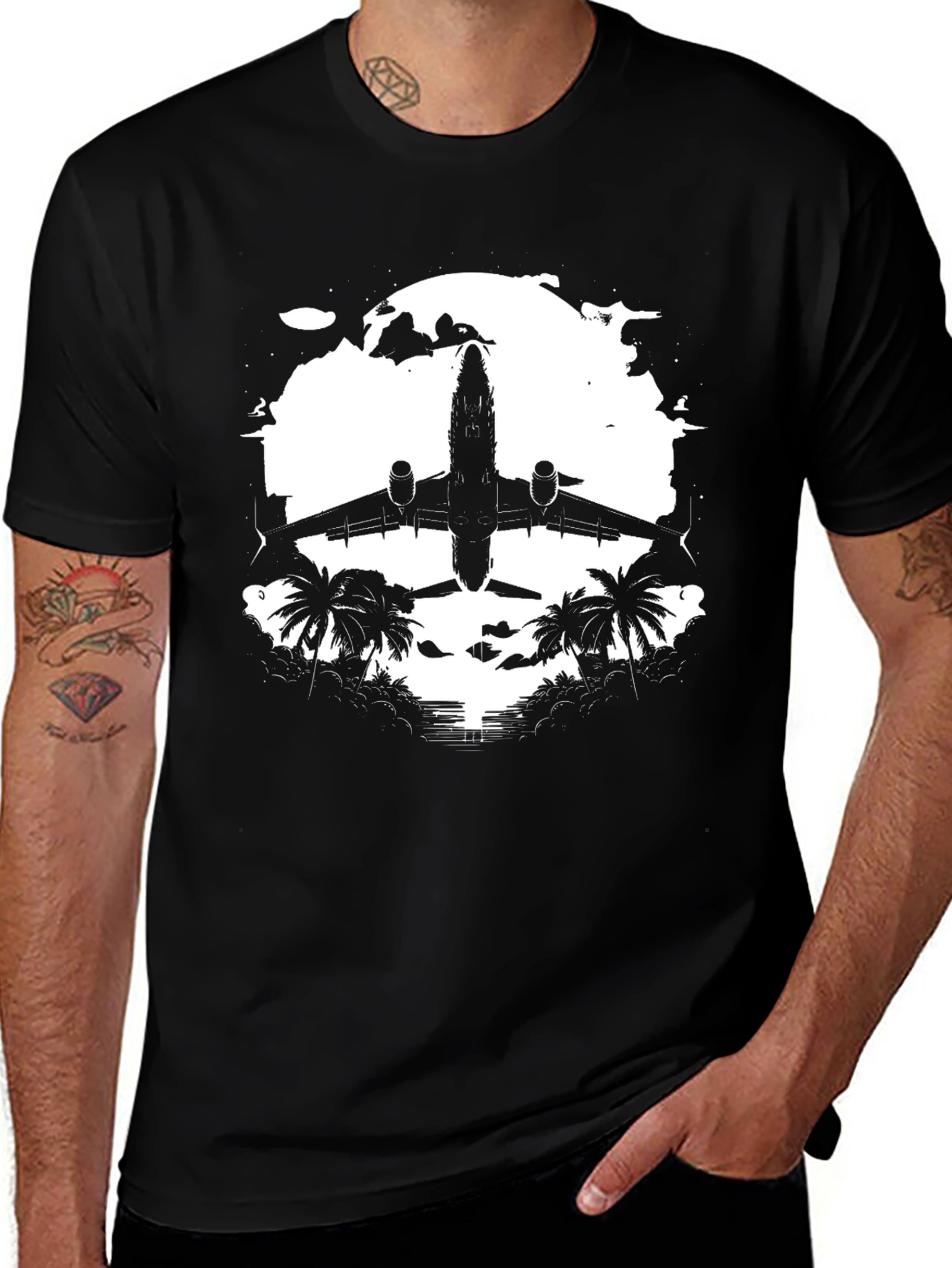 Airplane & Palms Black T-Shirt