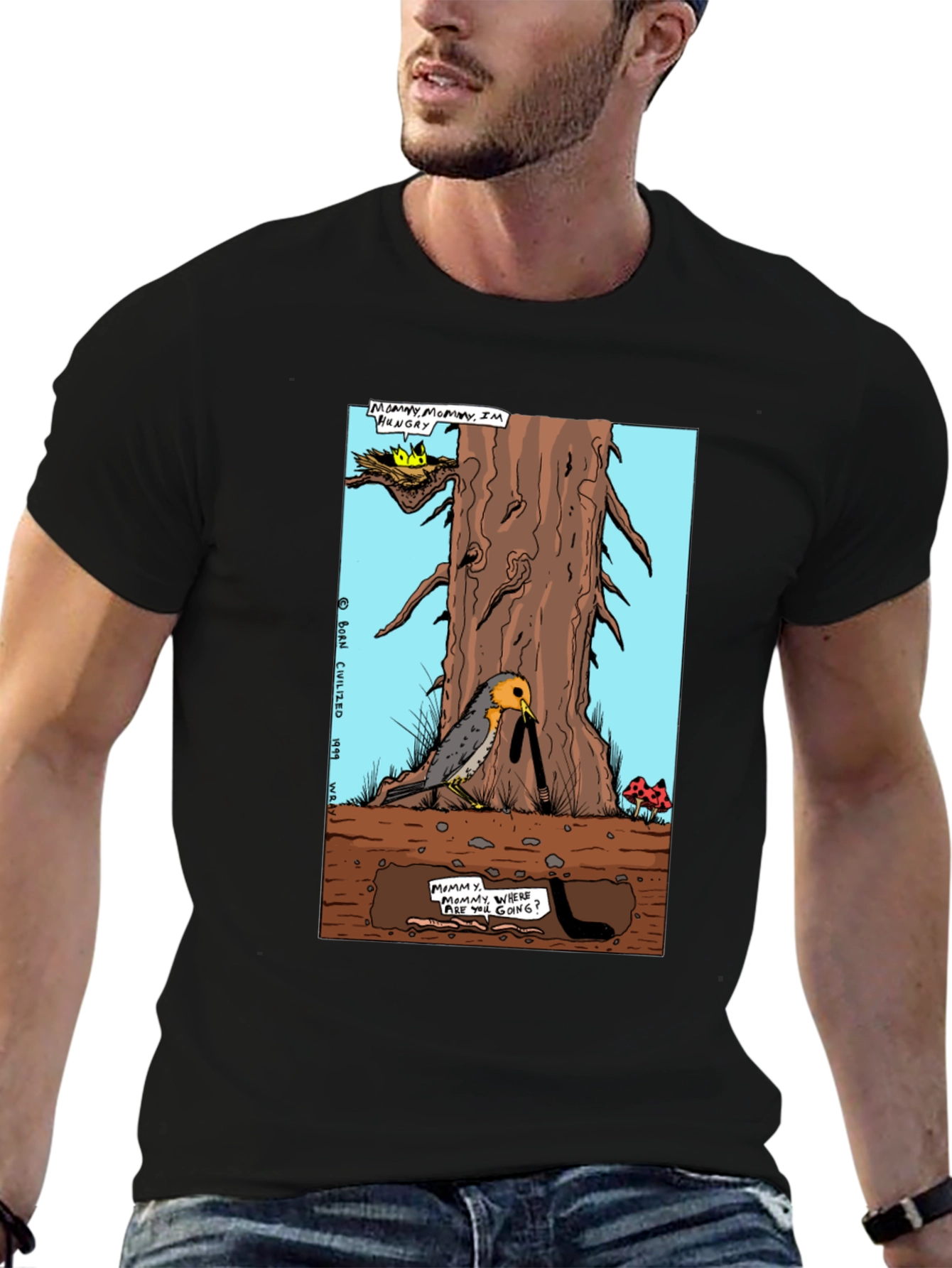 Cartoon Graphic T-Shirt - Bird and Worm Adventure