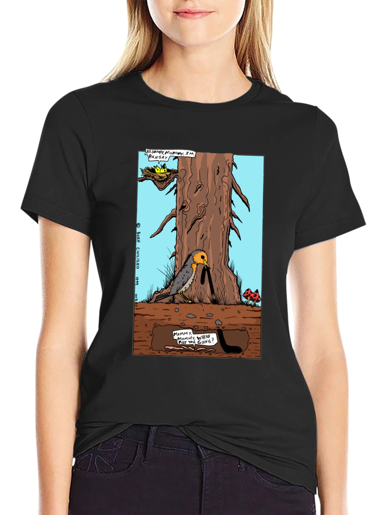 Cartoon Graphic T-Shirt - Bird and Worm Adventure