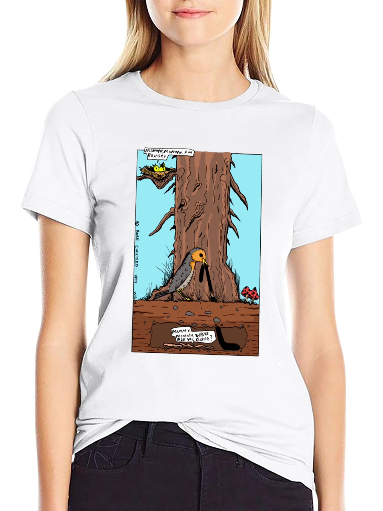 Cartoon Graphic T-Shirt - Bird and Worm Adventure