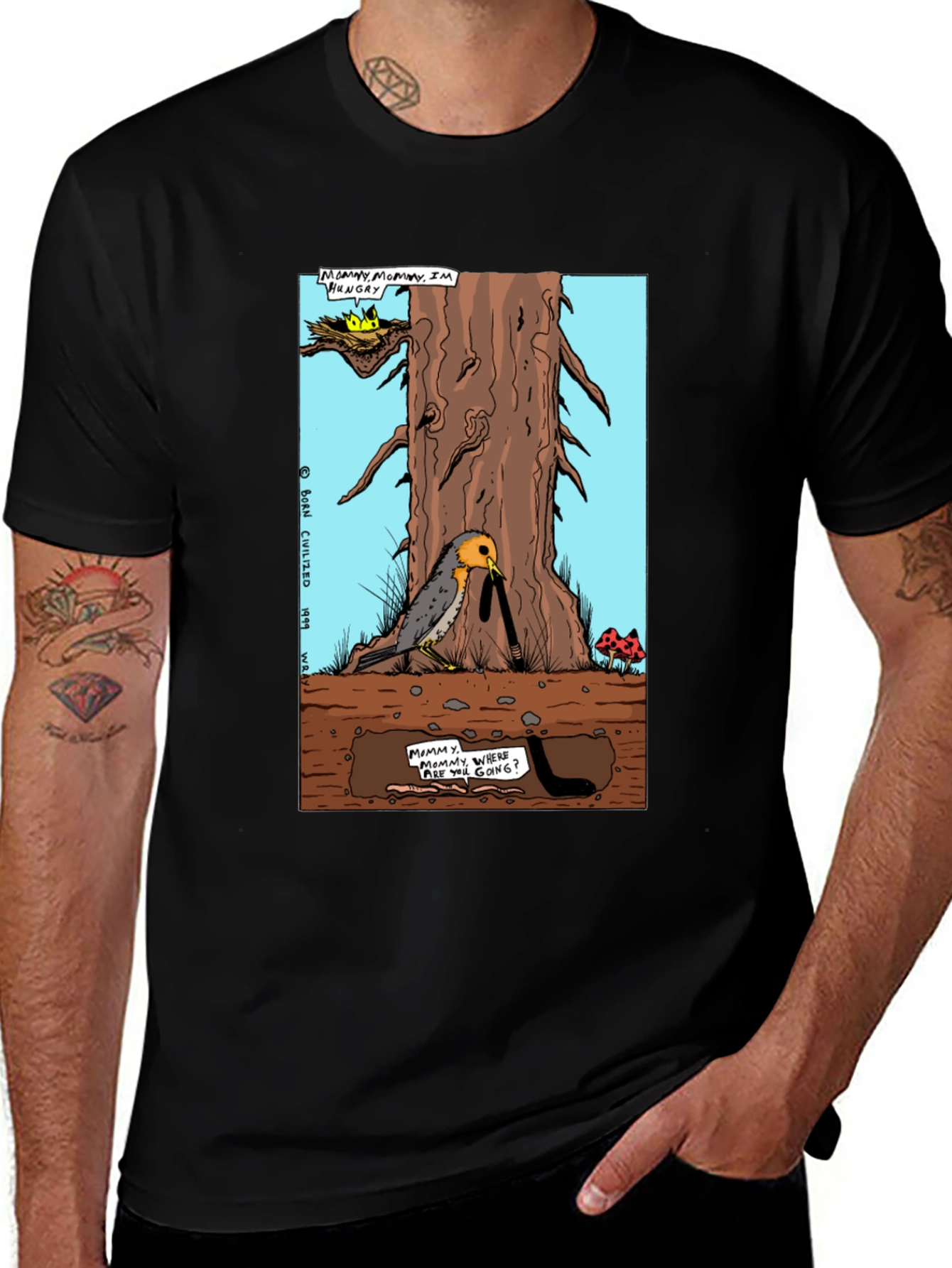 Cartoon Graphic T-Shirt - Bird and Worm Adventure