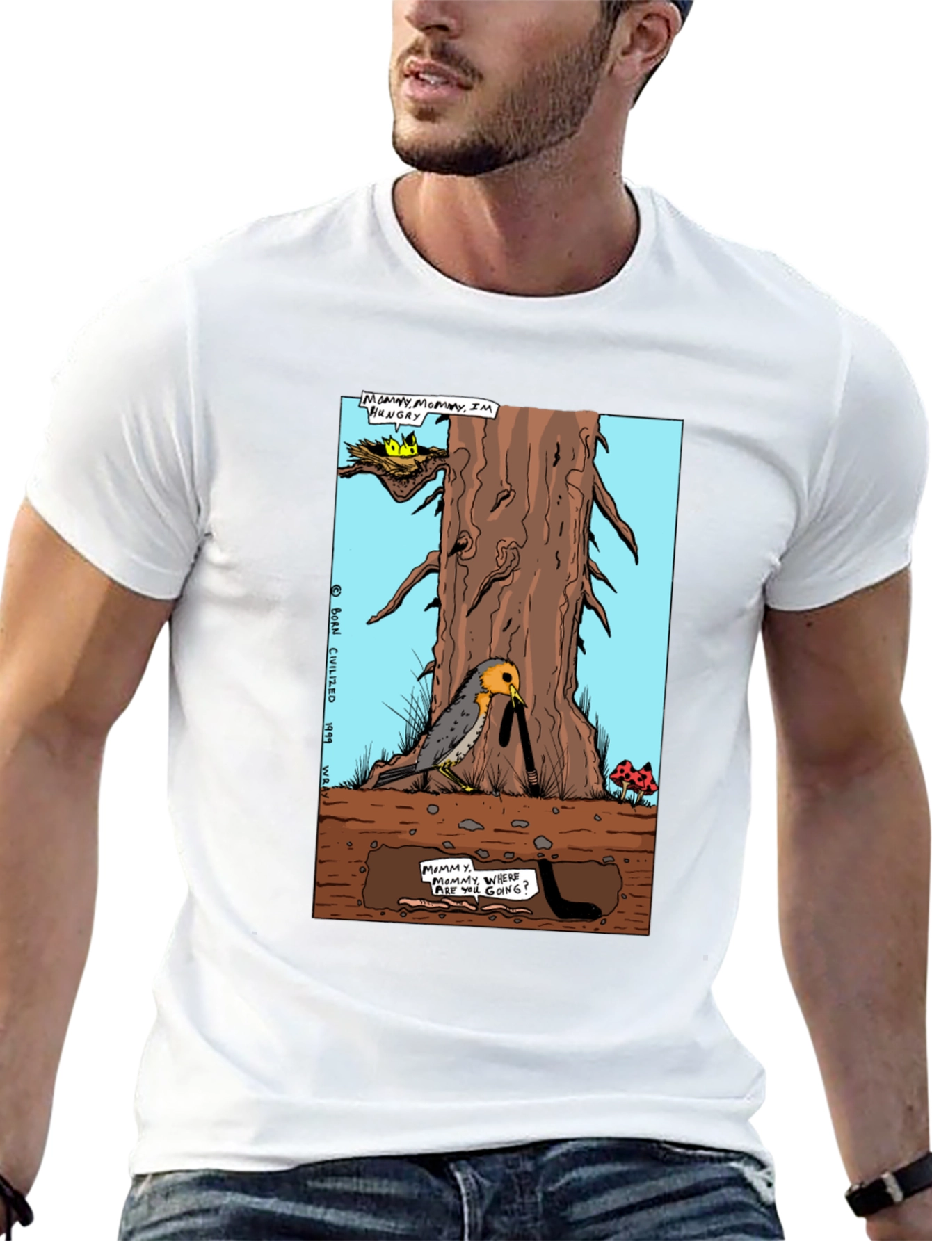 Cartoon Graphic T-Shirt - Bird and Worm Adventure