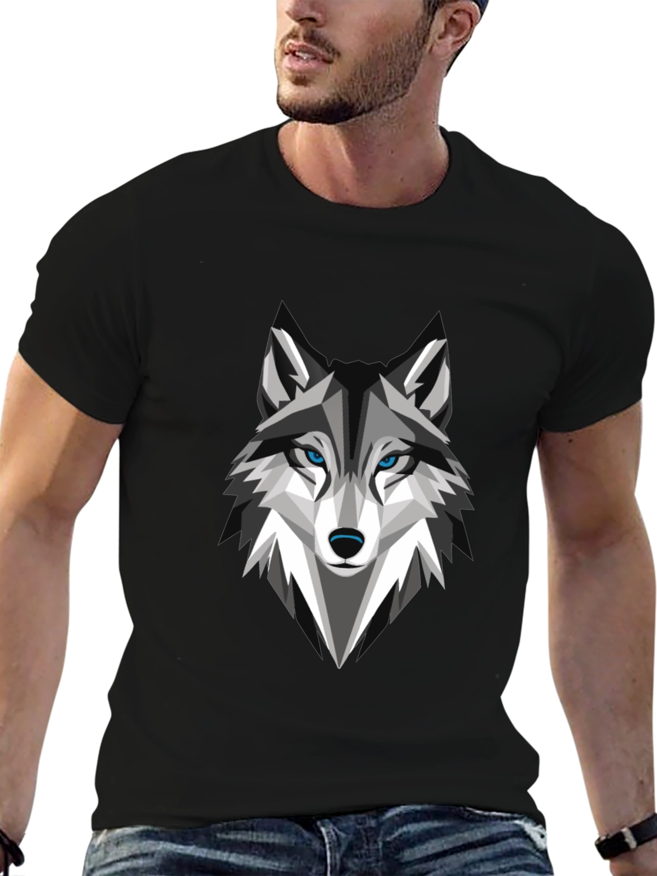 Geometric Wolf Graphic Tee - Stylish Mens Black T-Shirt