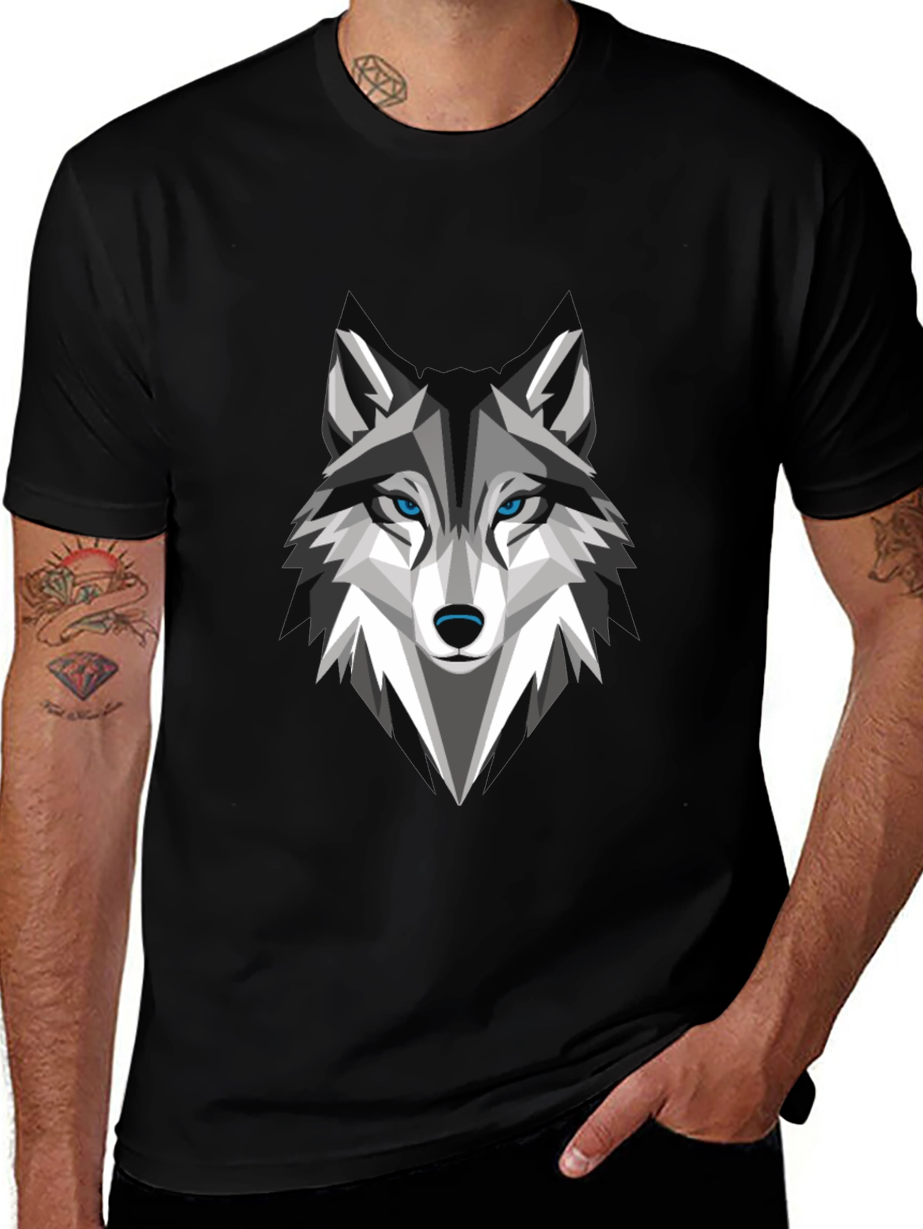 Geometric Wolf Graphic Tee - Stylish Mens Black T-Shirt