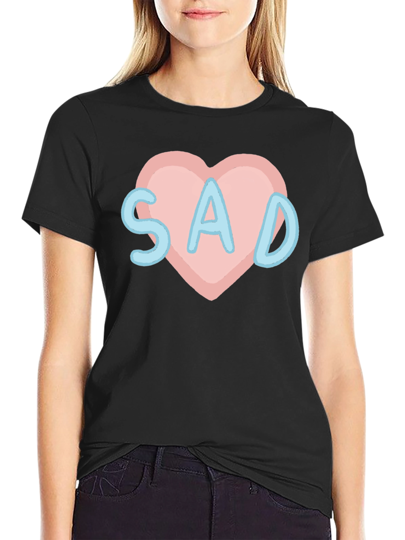 Sad Heart T-Shirt - Black Crew Neck Tee