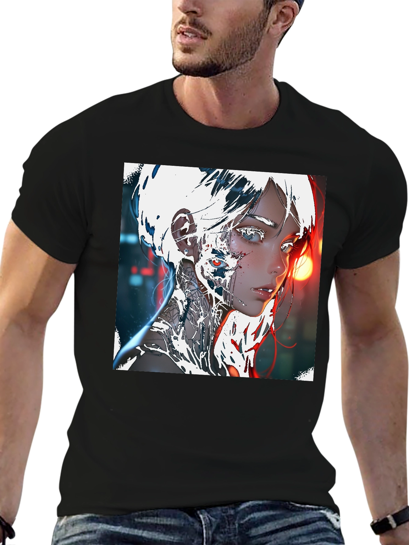 Cyberpunk Anime Girl Graphic Tee - Black