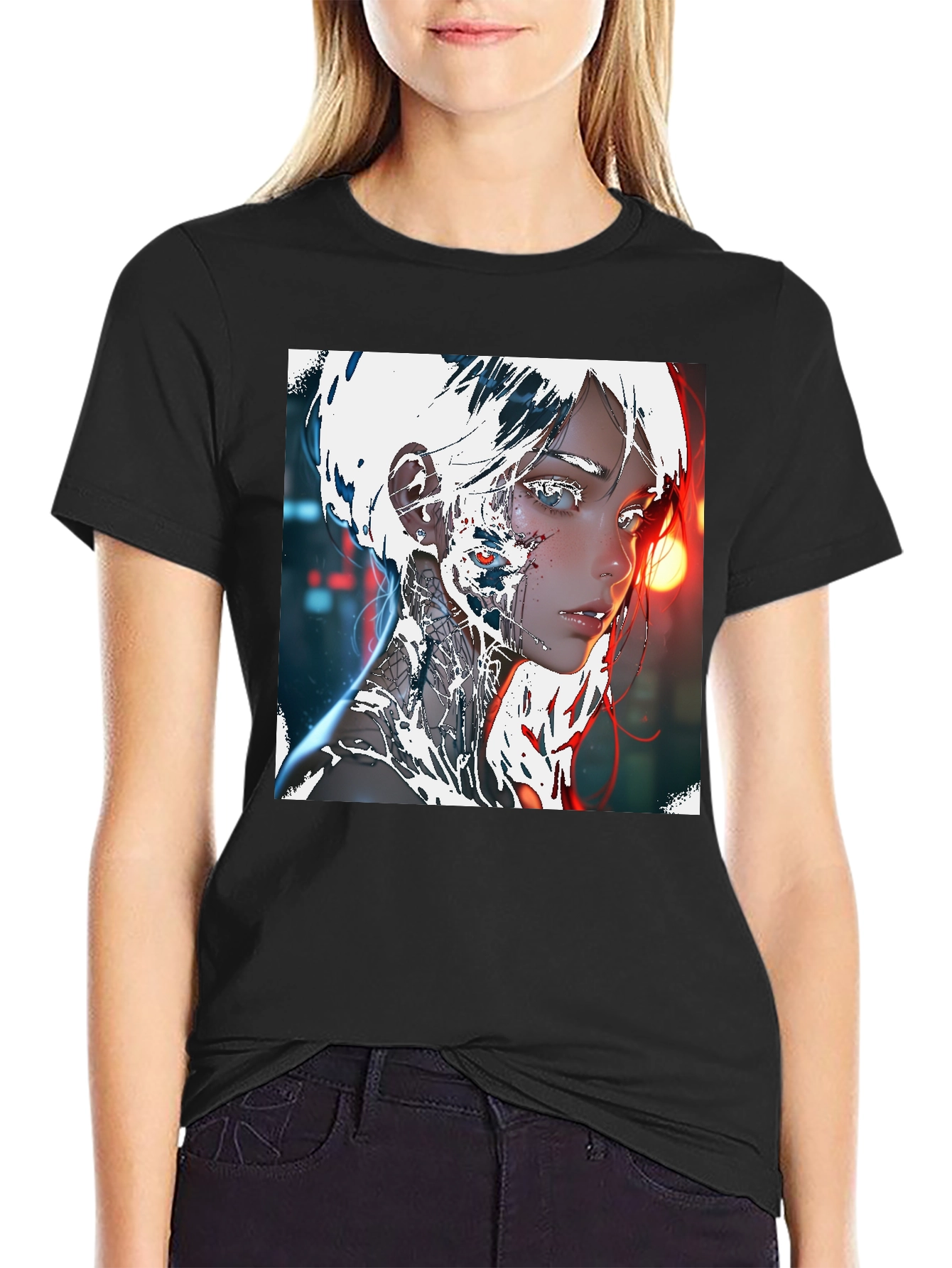 Cyberpunk Anime Girl Graphic Tee - Black