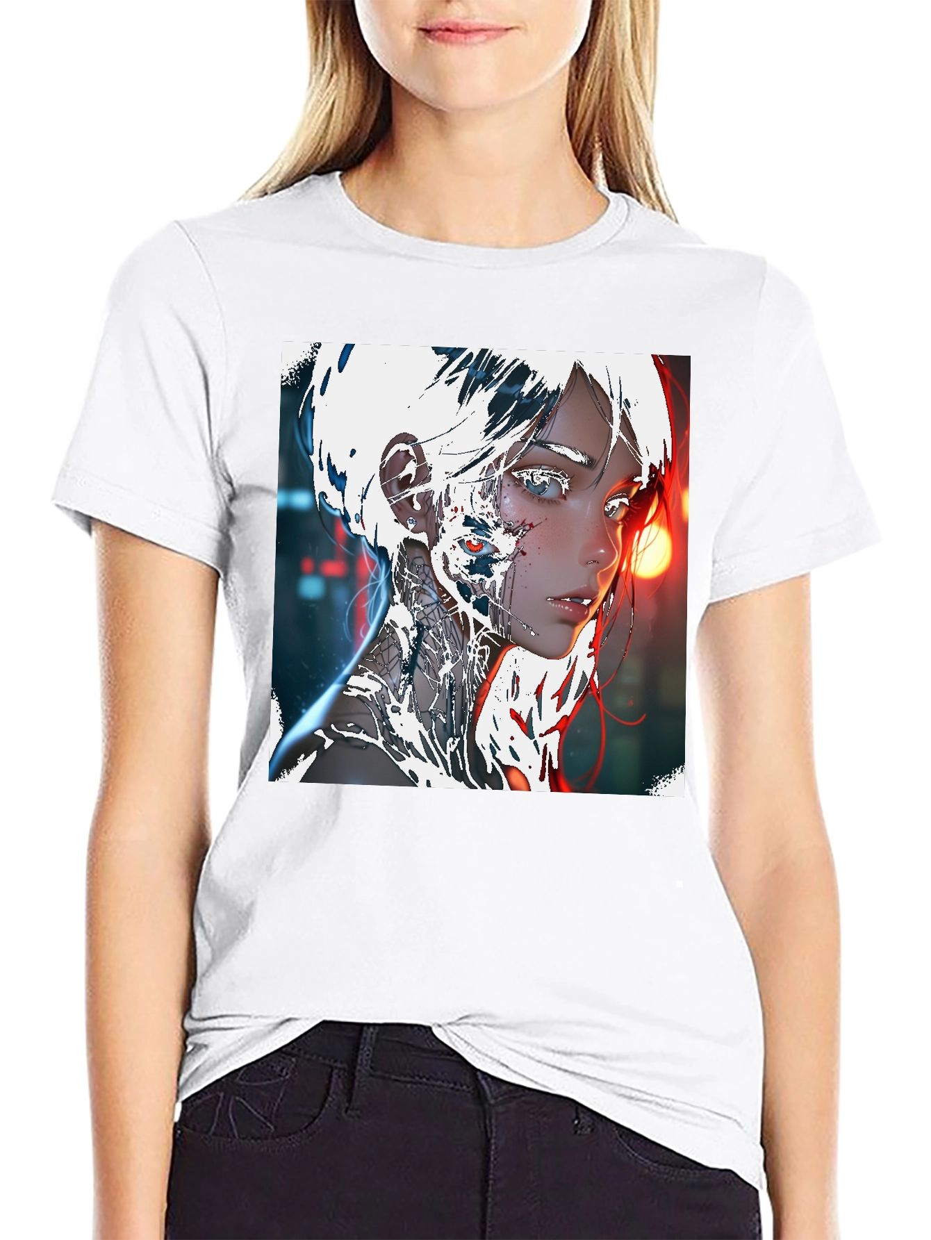 Cyberpunk Anime Girl Graphic Tee - Black