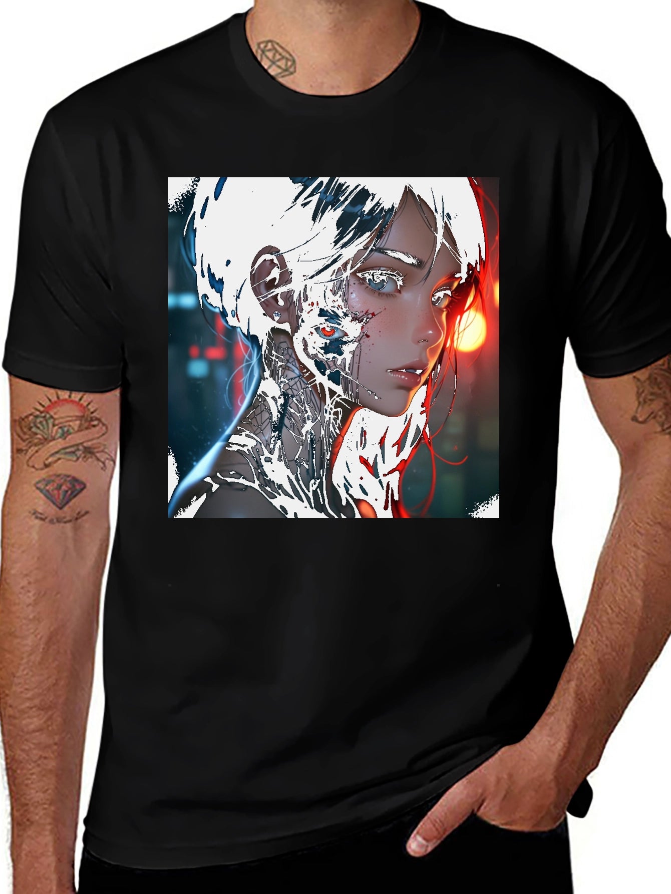 Cyberpunk Anime Girl Graphic Tee - Black