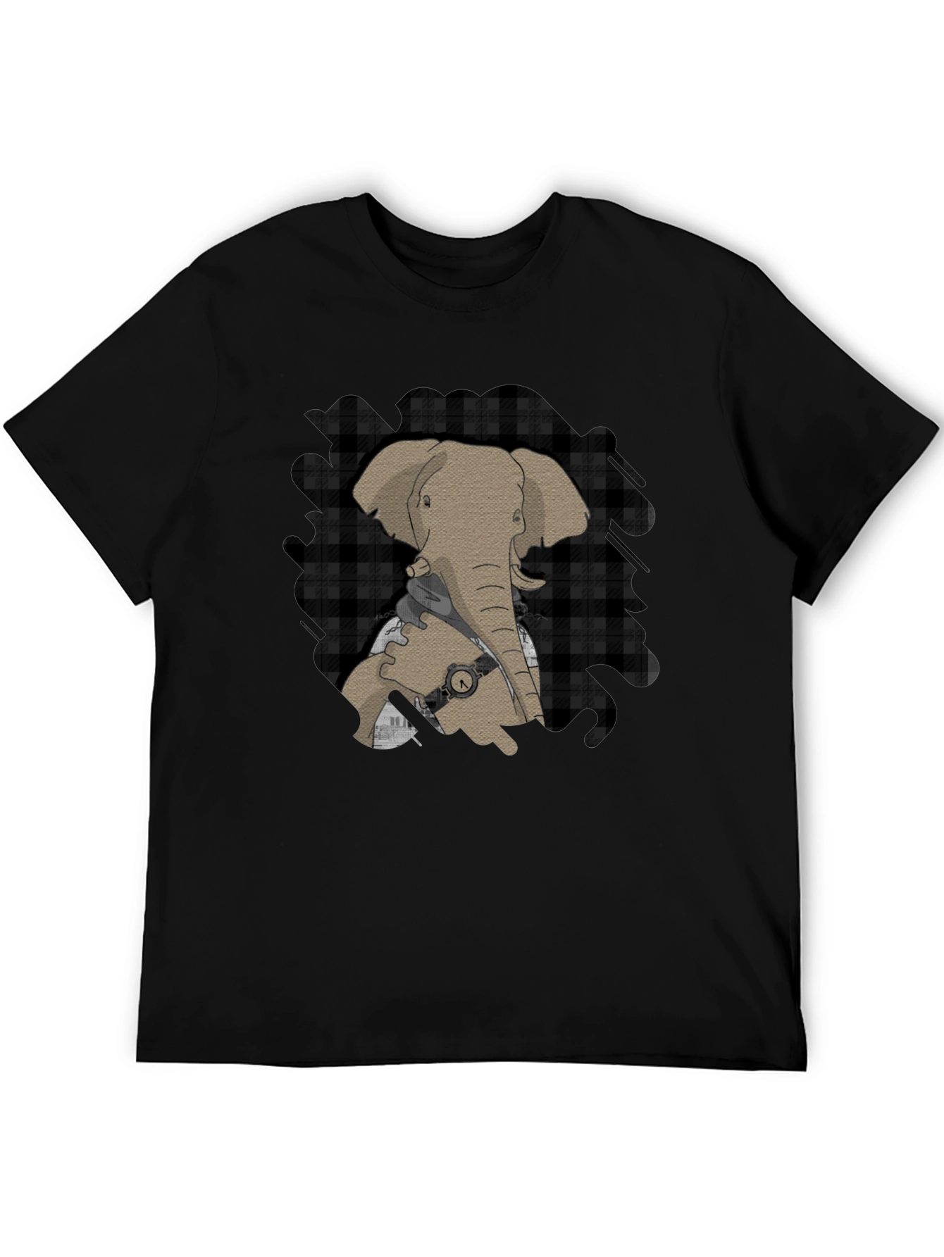 Elephant Graphic Tee - Stylish Plaid Accent