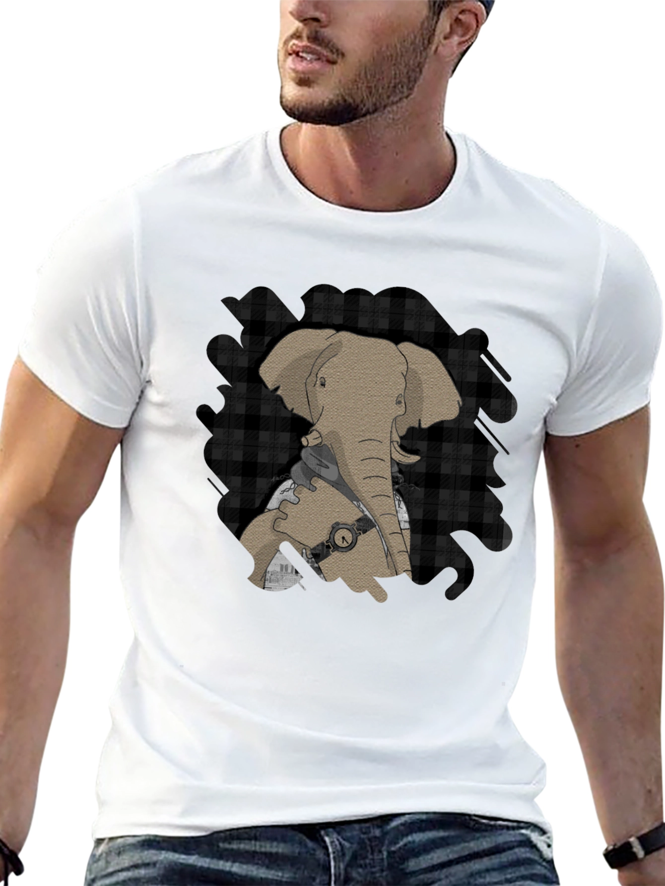 Elephant Graphic Tee - Stylish Plaid Accent