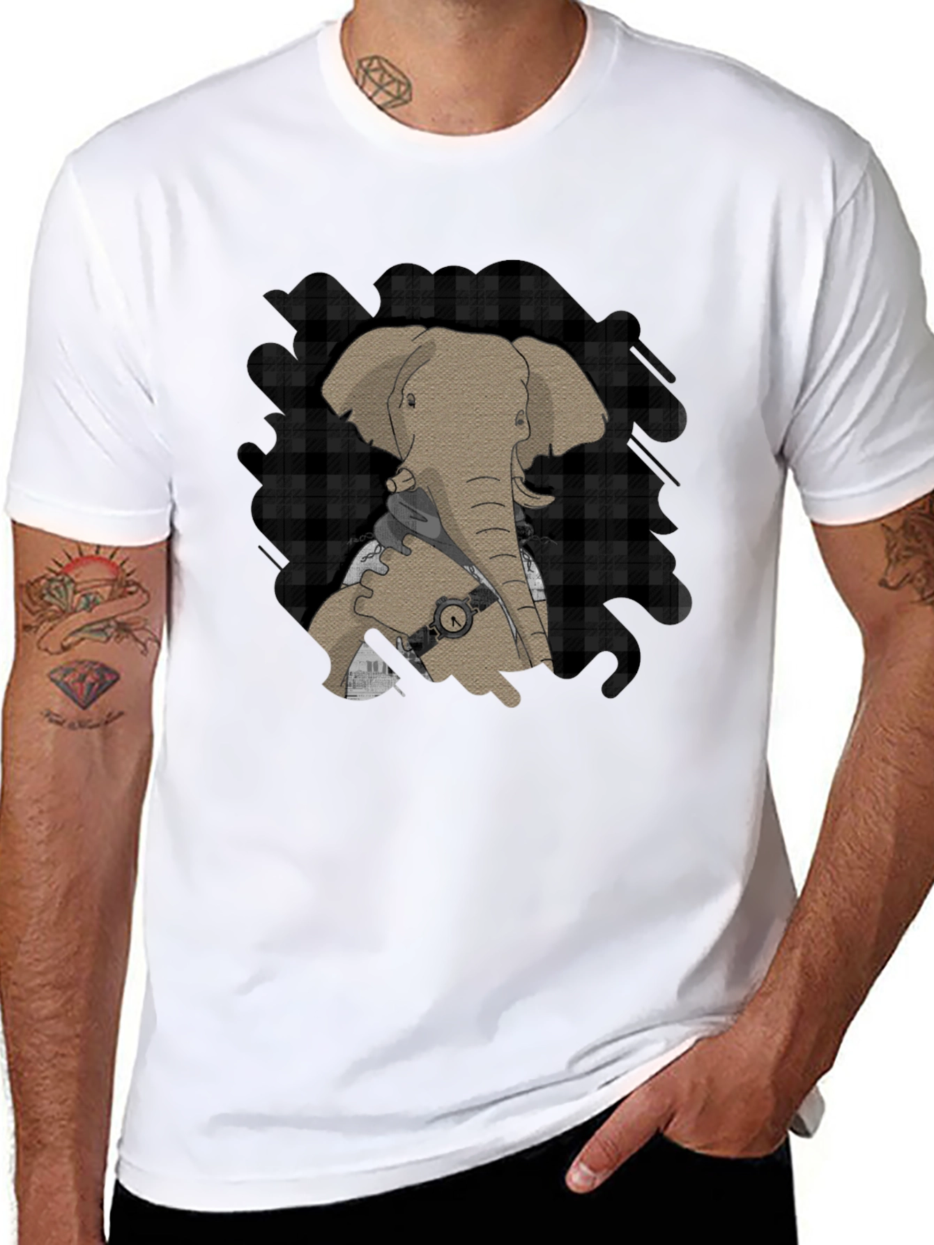 Elephant Graphic Tee - Stylish Plaid Accent
