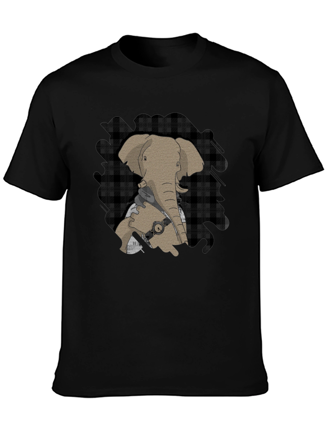 Elephant Graphic Tee - Stylish Plaid Accent