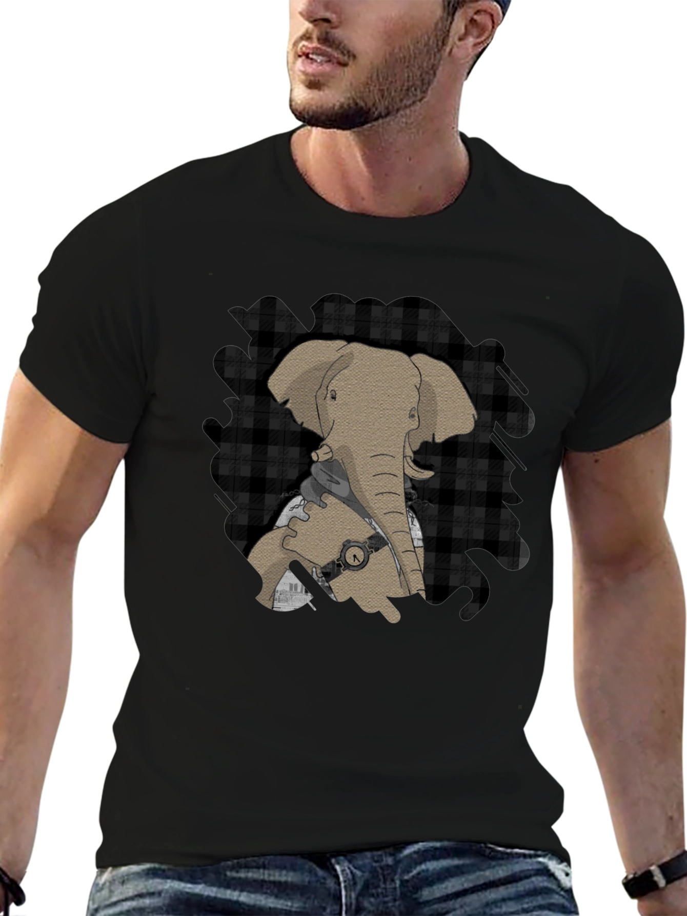 Elephant Graphic Tee - Stylish Plaid Accent