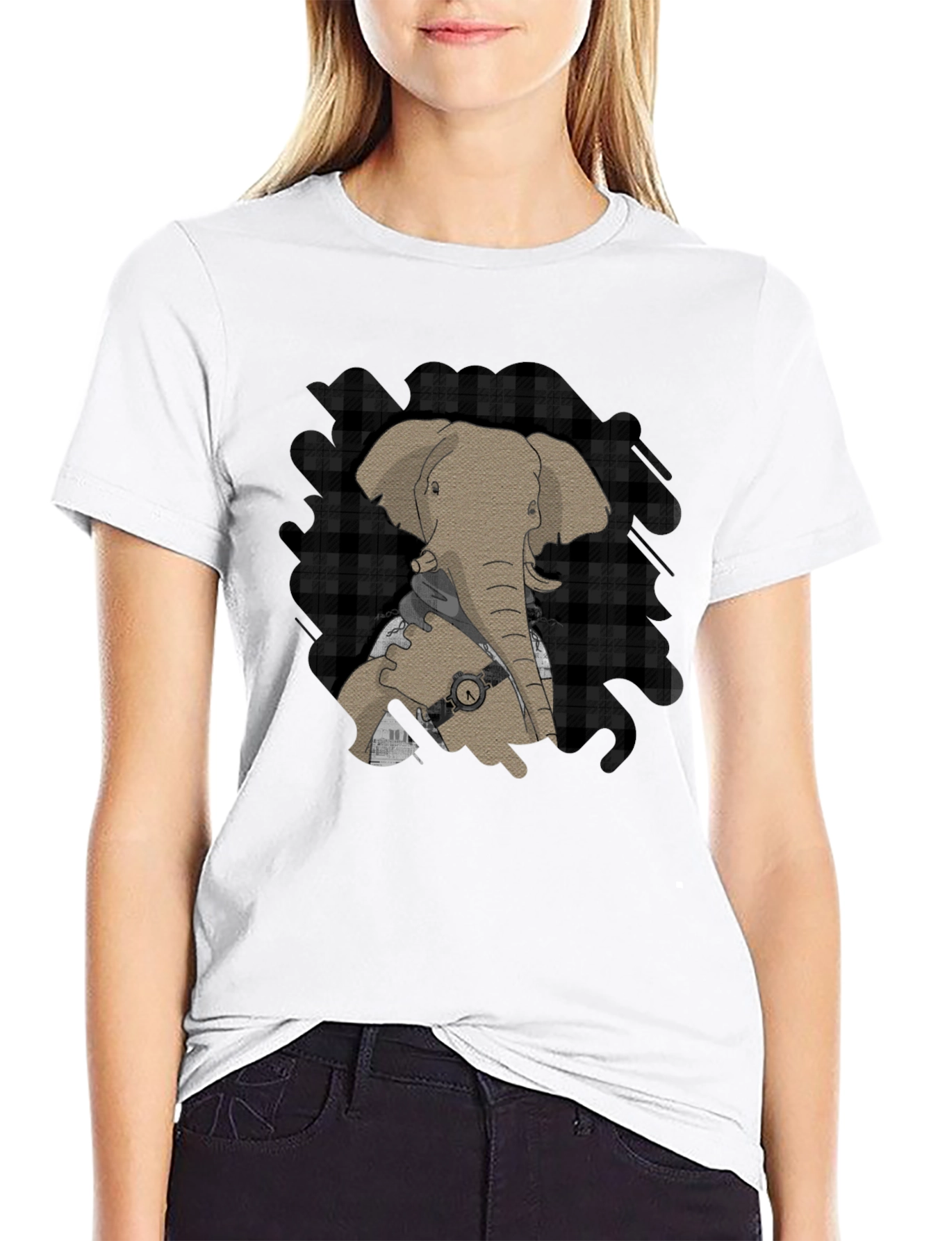 Elephant Graphic Tee - Stylish Plaid Accent