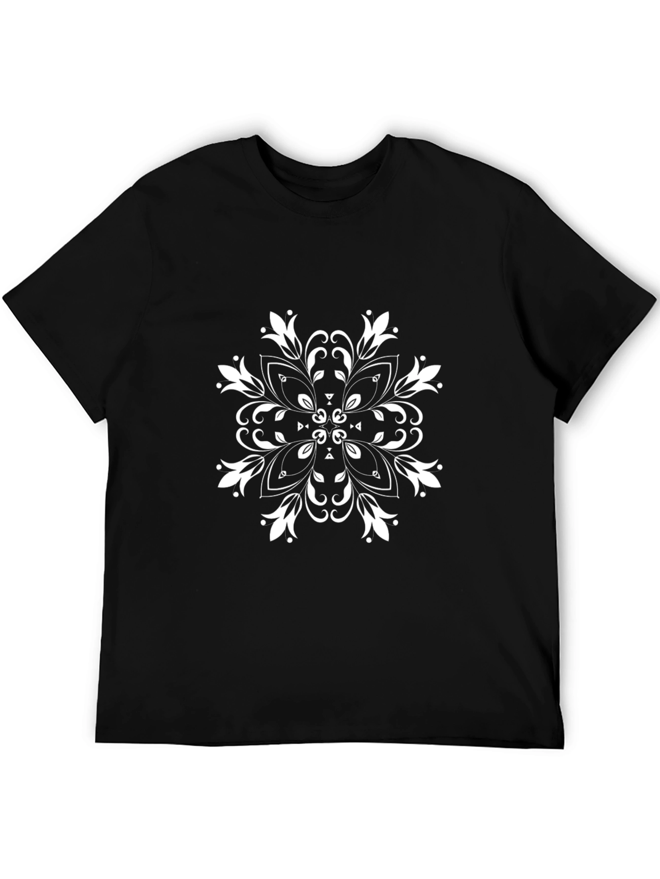 Black T-Shirt with White Floral Mandala Design
