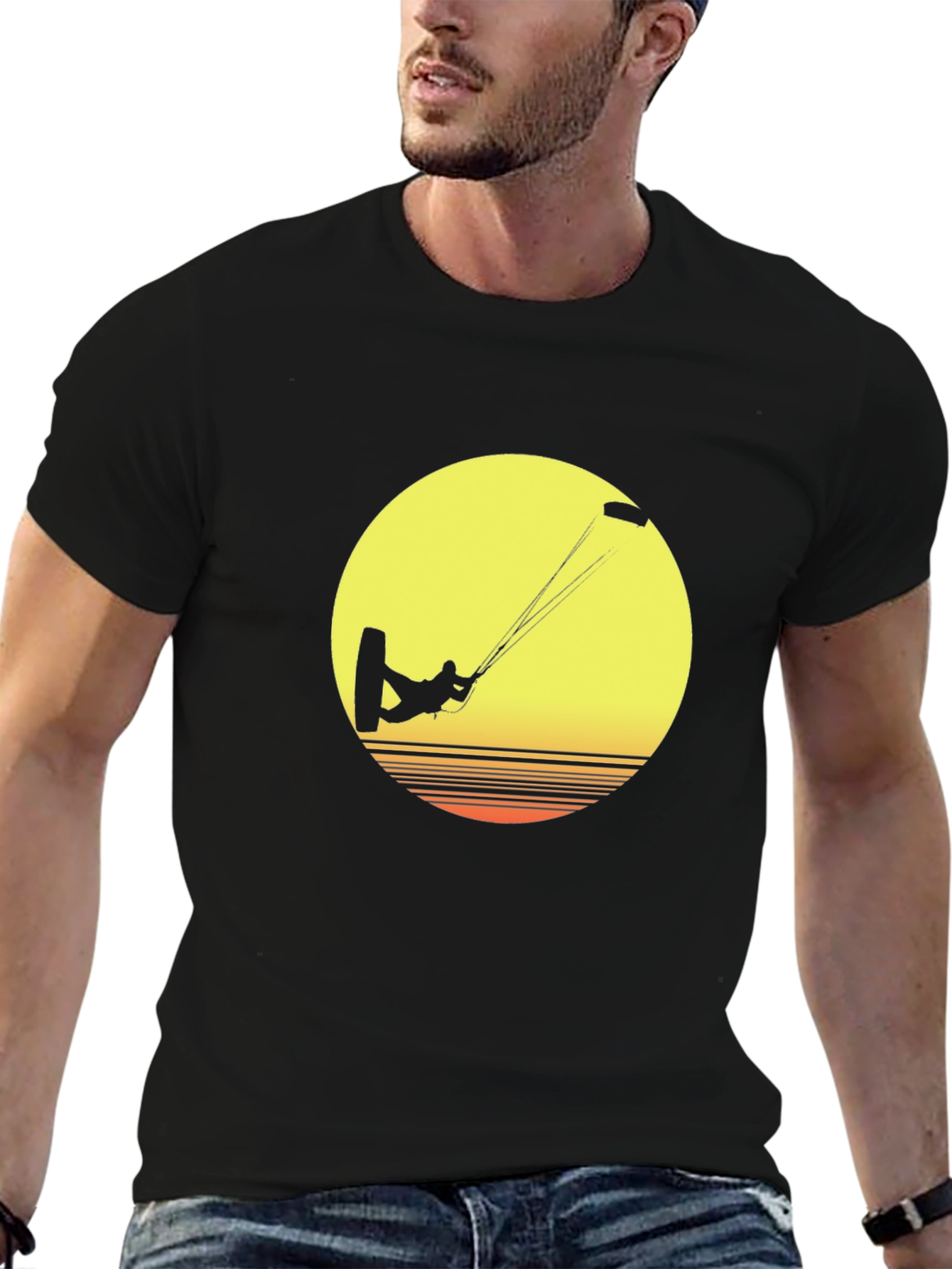 Kitesurfer Sunset Graphic Tee - Black Cotton T-Shirt
