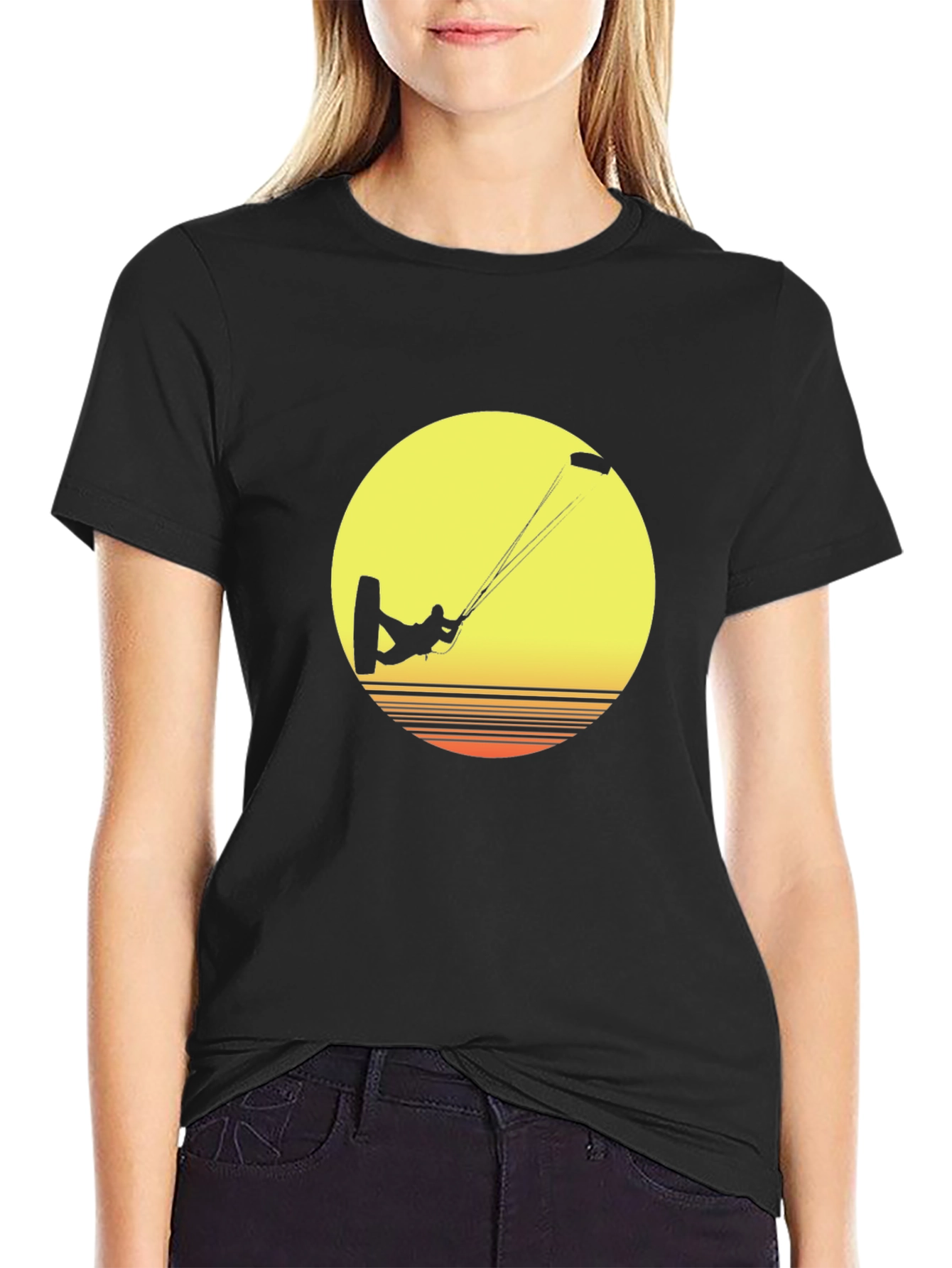 Kitesurfer Sunset Graphic Tee - Black Cotton T-Shirt