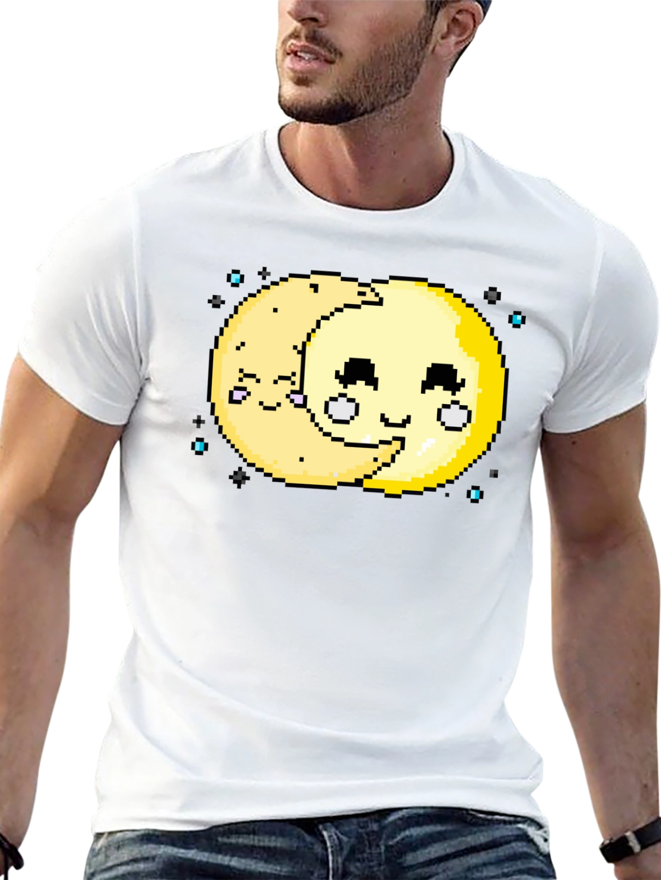 Cute Pixel Art Moon Hugging T-Shirt