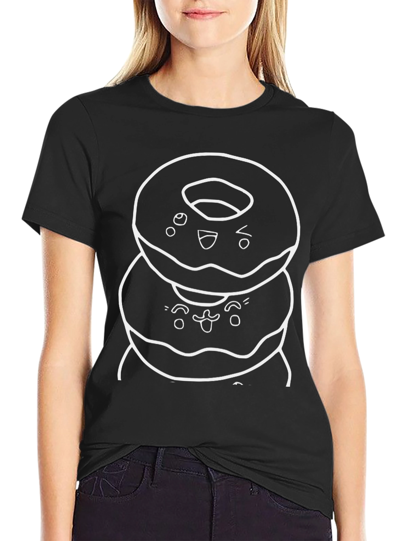 Cute Donut Stack Graphic Tee - Black