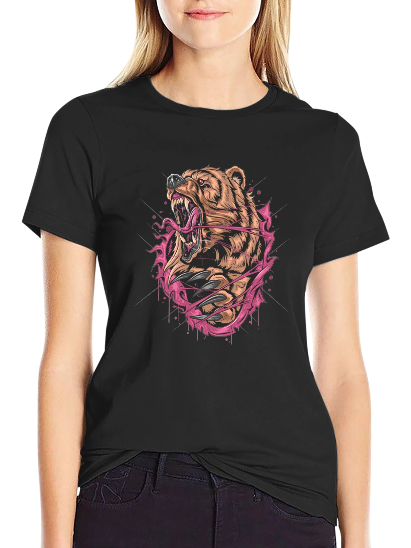 Fierce Bear Graphic Print Black T-Shirt