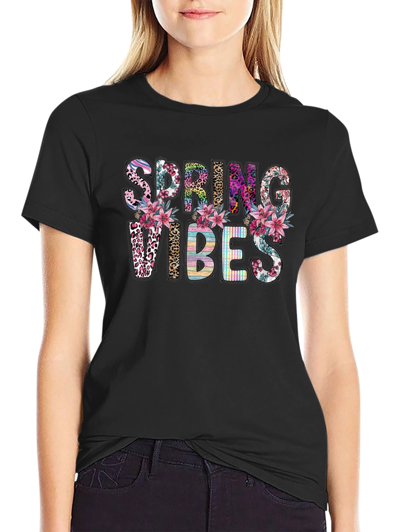 Spring Vibes Floral Graphic Tee - Black