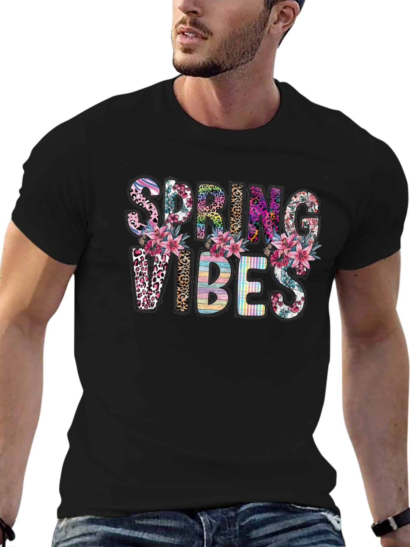 Spring Vibes Floral Graphic Tee - Black