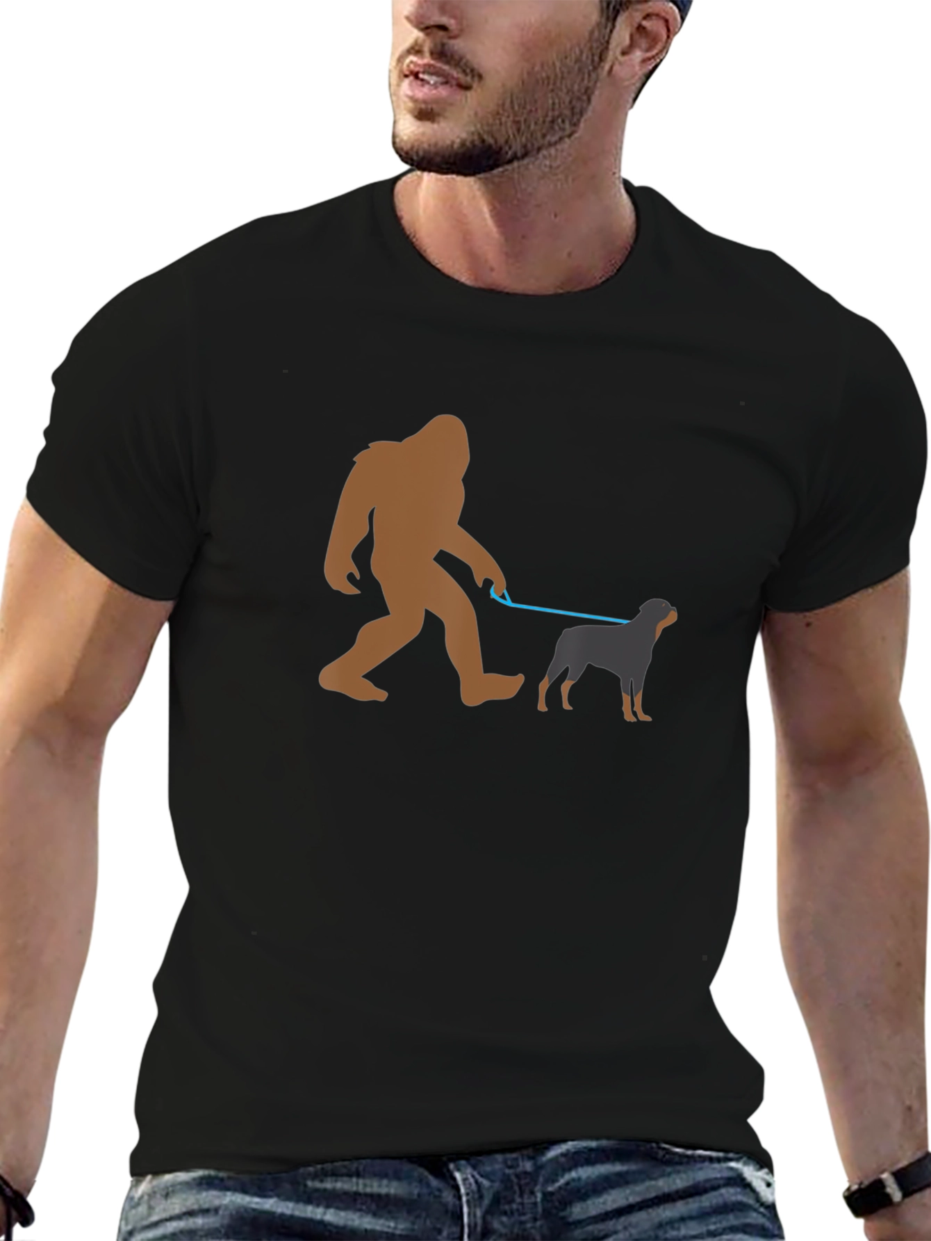 Bigfoot Dog Walker Graphic Tee - Black Cotton T-Shirt