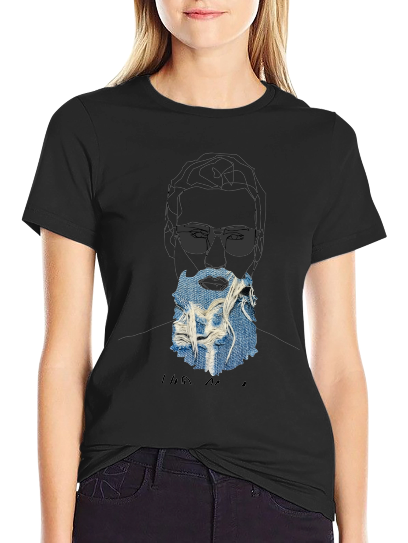 Graphic Print T-Shirt with Denim Beard