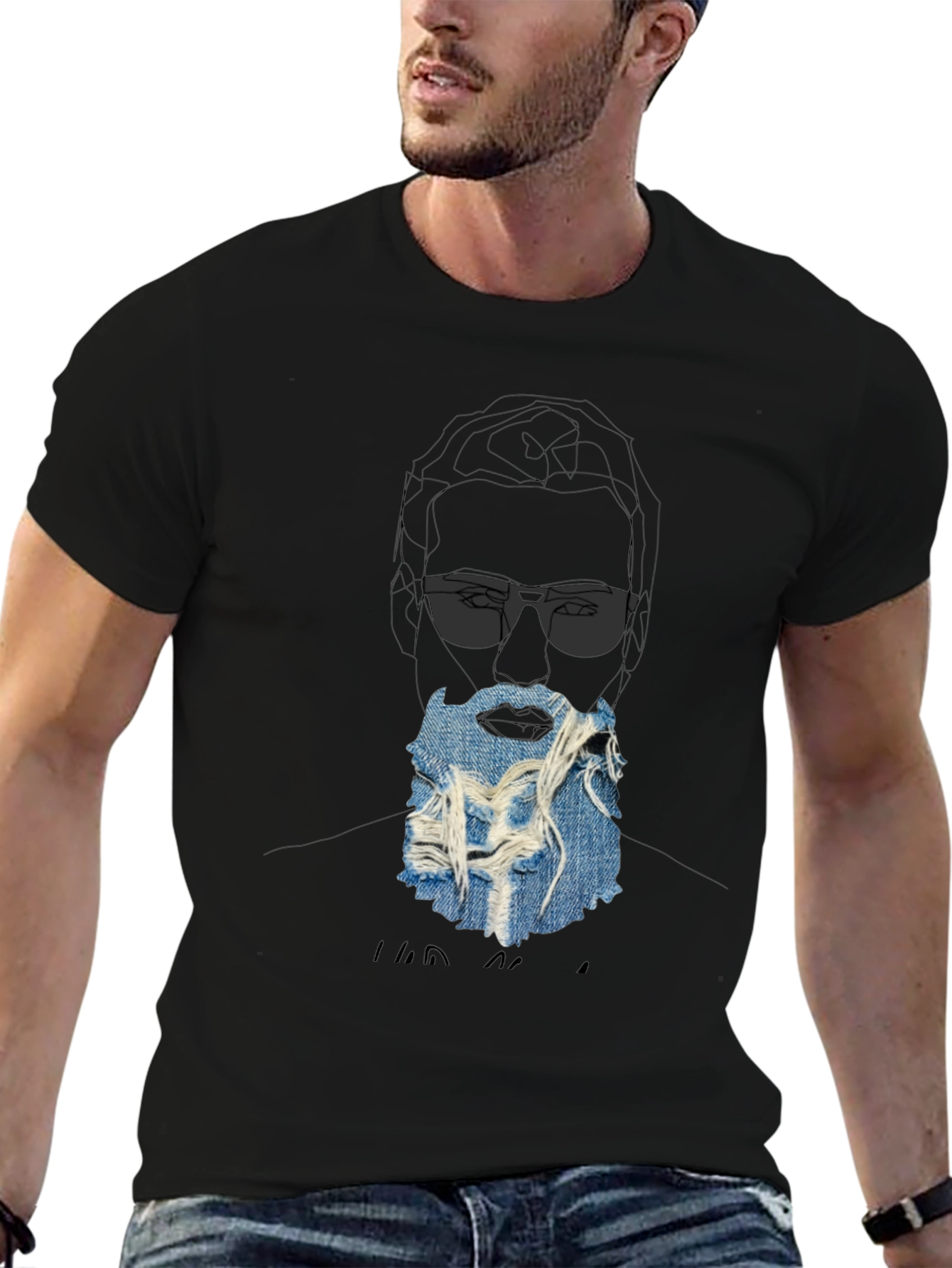 Graphic Print T-Shirt with Denim Beard