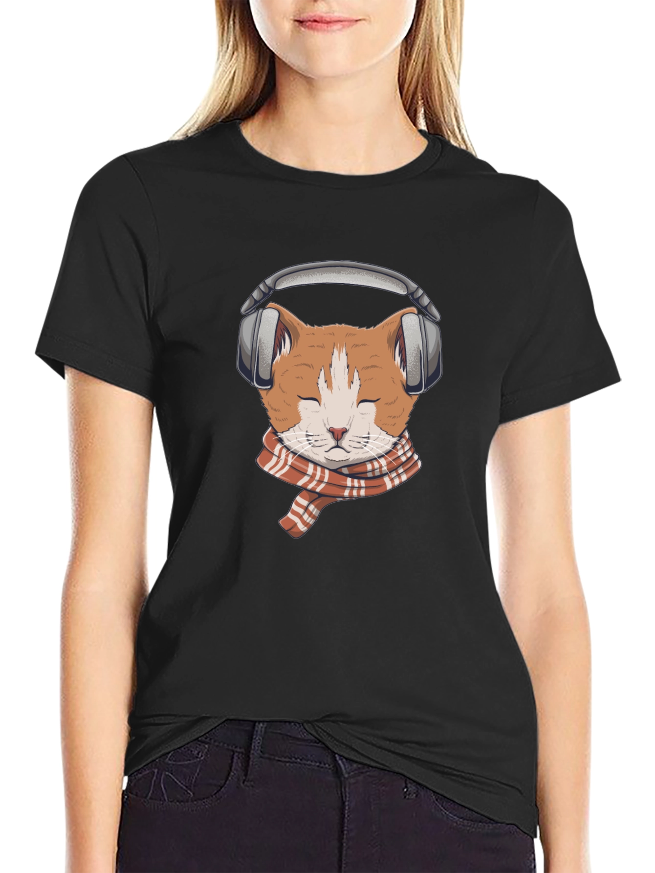 Cat with Headphones Graphic Tee