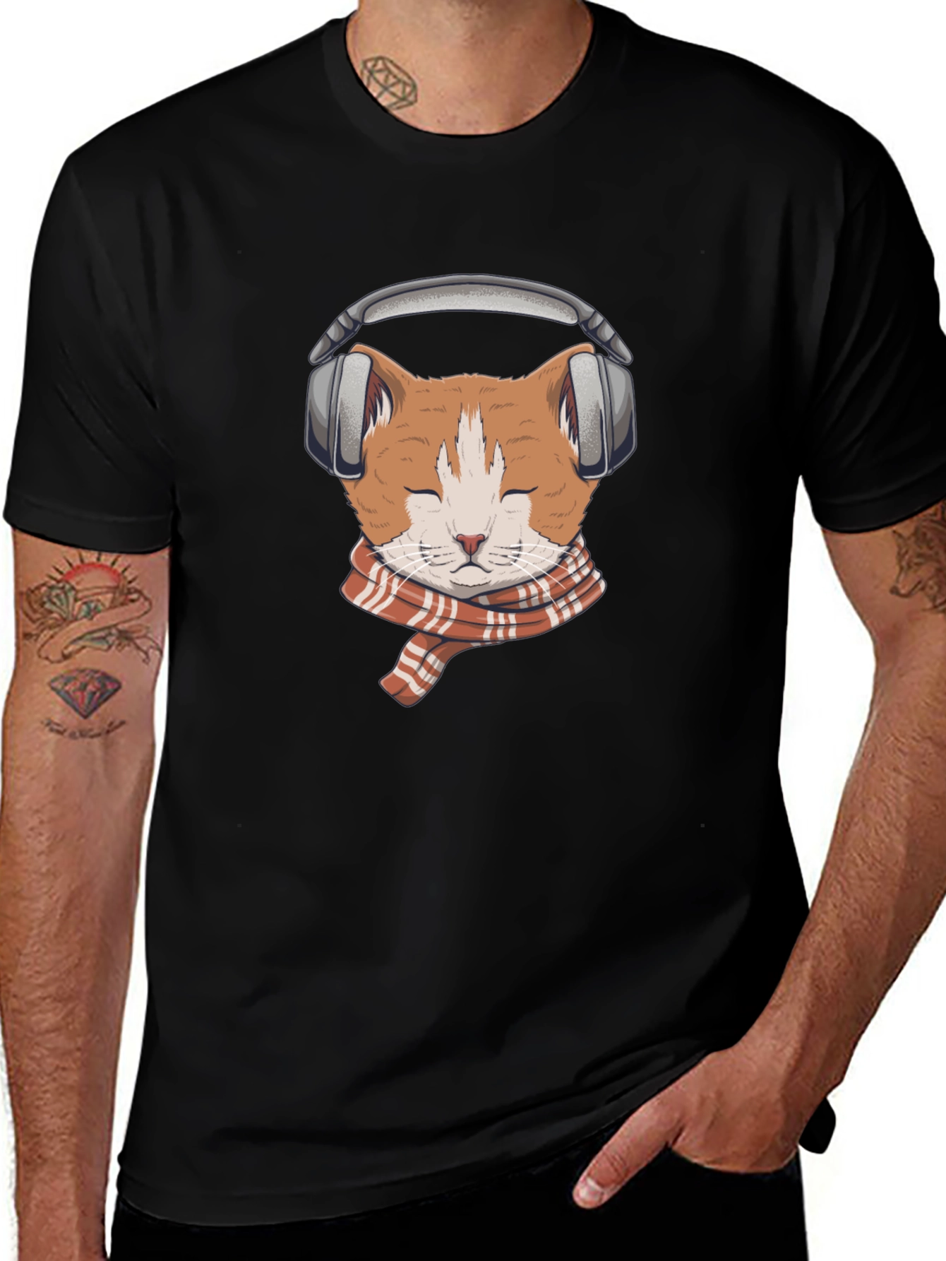 Cat with Headphones Graphic Tee