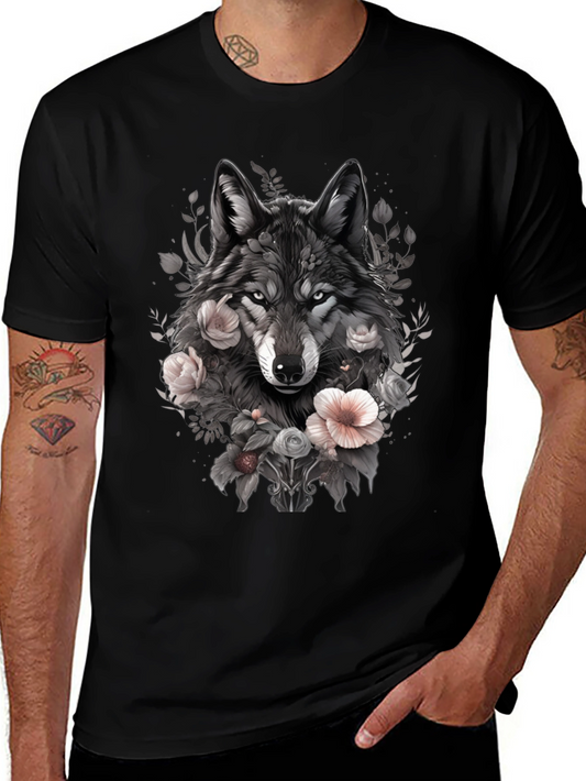 Wolf & Floral Graphic Tee - Mens Black T-Shirt