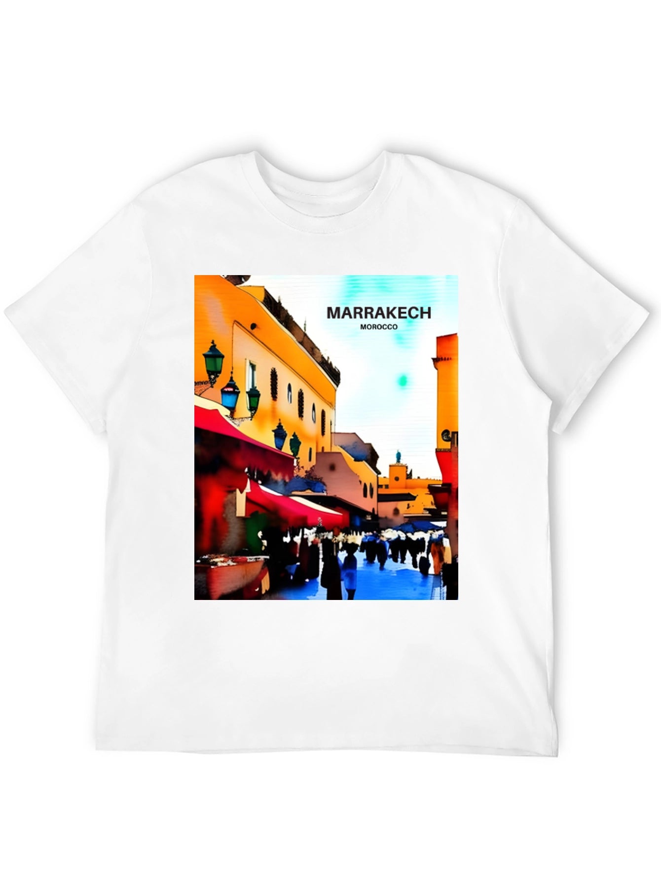 Marrakech Morocco T-Shirt - Vibrant Street Scene Design