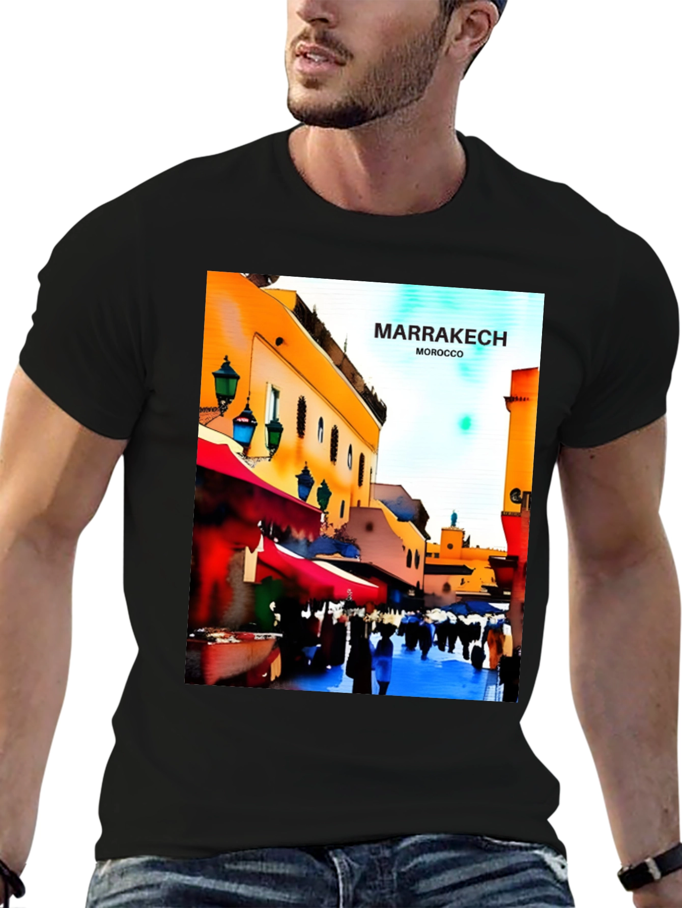 Marrakech Morocco T-Shirt - Vibrant Street Scene Design