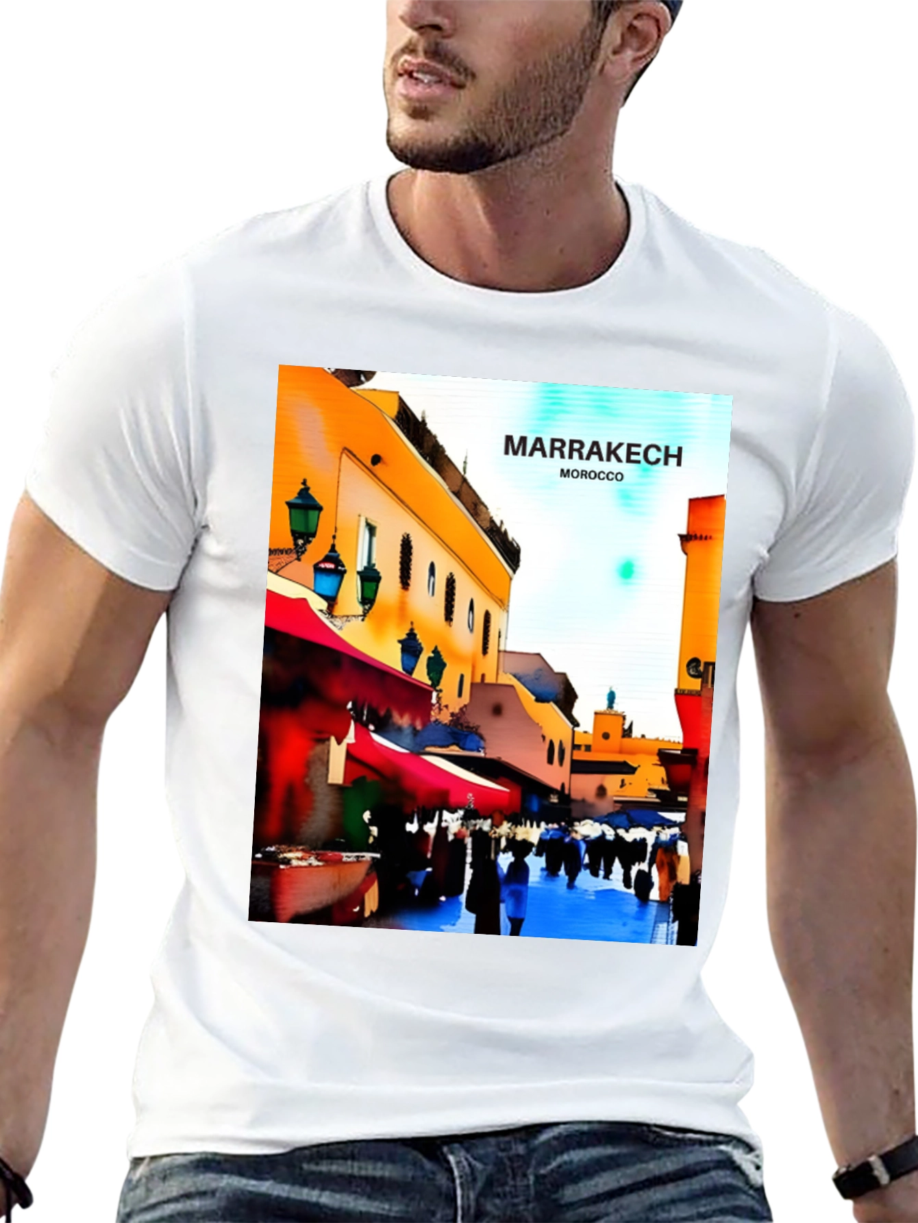 Marrakech Morocco T-Shirt - Vibrant Street Scene Design