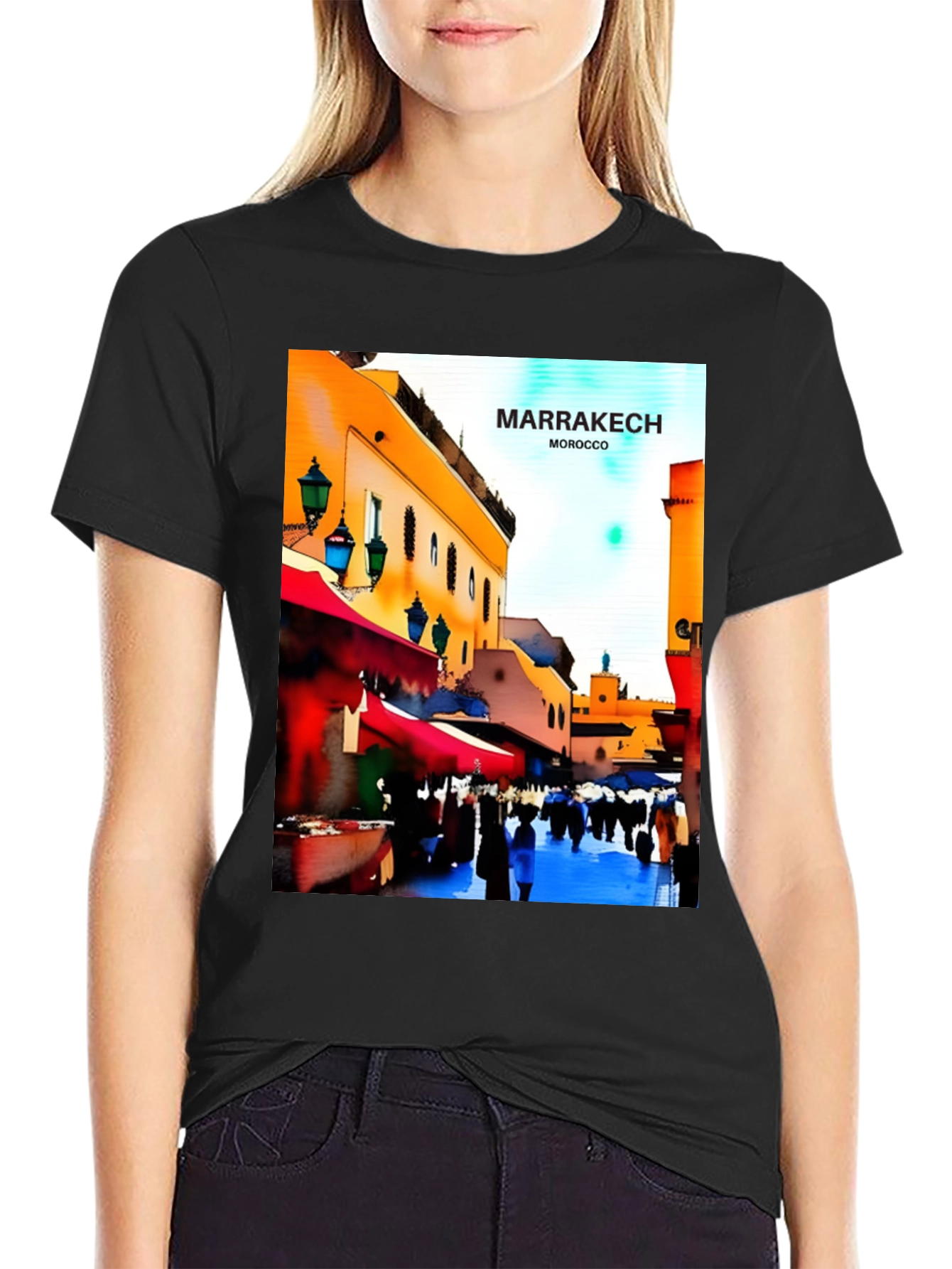 Marrakech Morocco T-Shirt - Vibrant Street Scene Design