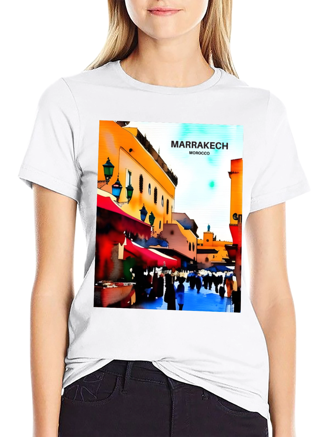Marrakech Morocco T-Shirt - Vibrant Street Scene Design